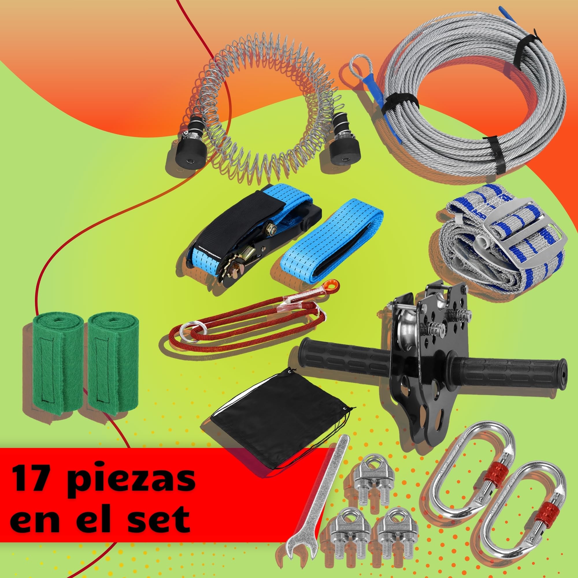 SPRINGOS Tirolín de 30m para niños - Set de teleférico Zipleine con carro deslizante, asiento, freno de seguridad y protección para árboles - hasta 120 kg - Equipo de escalada para exterior