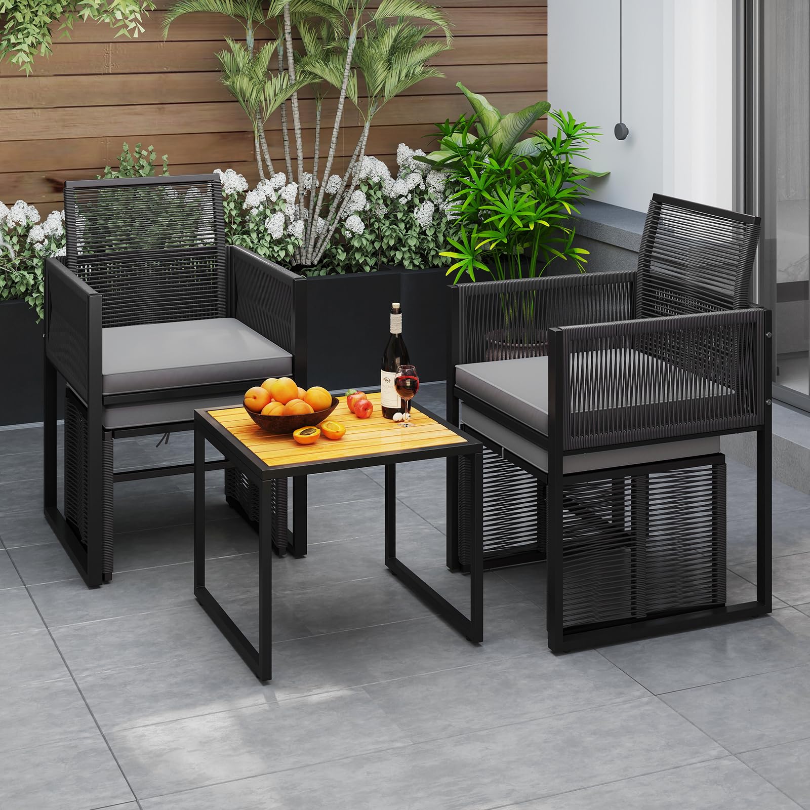COSTWAY 5 Pezzi Set da Esterno in Rattan PE con Cuscini | Set Mobili da Giardino con Sedie Poggiapiedi e Tavolino da Caffè, Poltrone Lounge Salvaspazio per Balcone, Piscina e Cortile