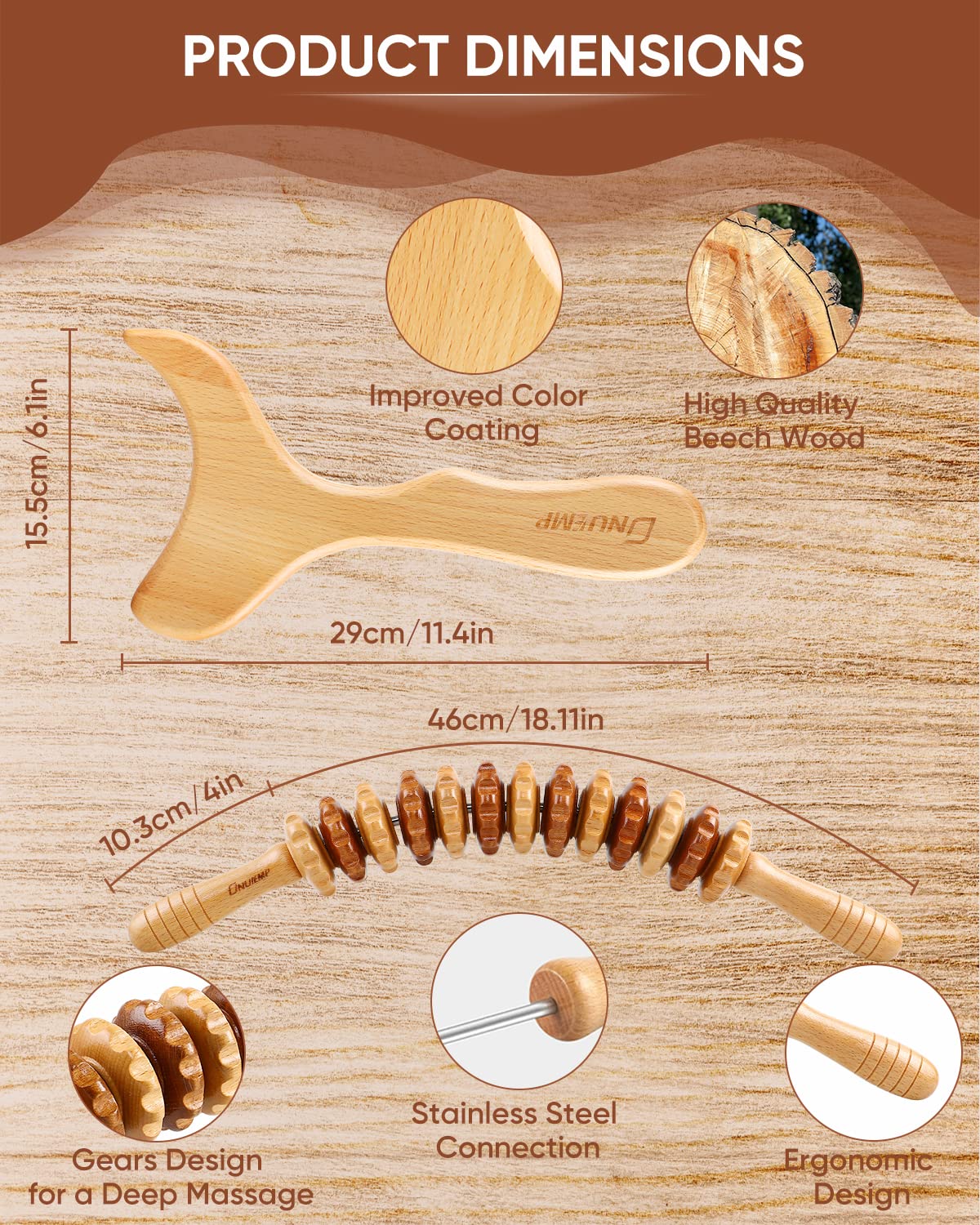 2-in-1 Holz Therapie Massage Tools Set Holz Maderoterapia Kit oder Lymphdrainage Massageroller Kits für Muskelentspannung, Körperformung, Gua Sha Massage, Anti Cellulite, Buche