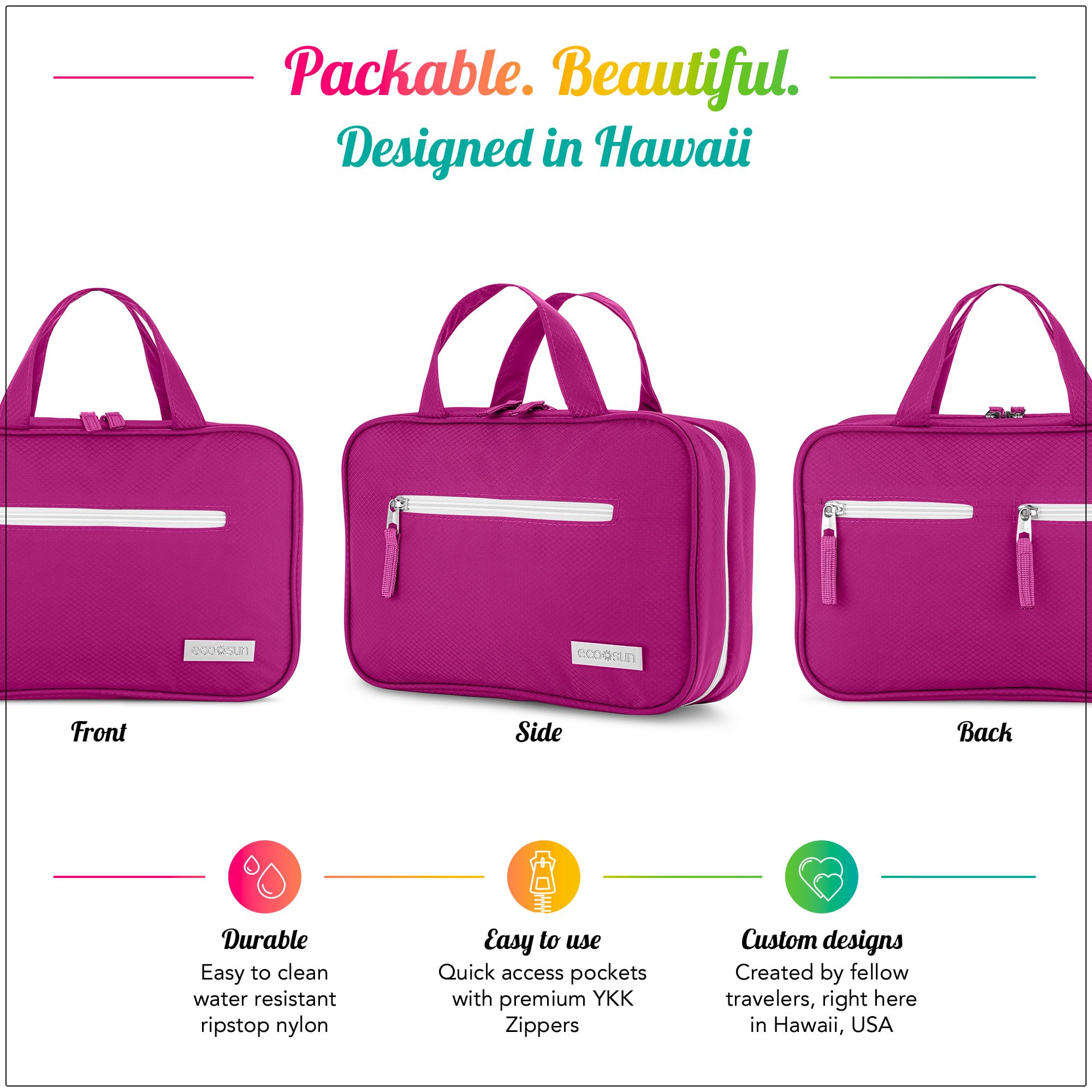 Eco Sun Neceser de viaje colgante, diseñado en Hawái, organizador de viaje resistente al agua para accesorios de baño, Magenta, Colgar