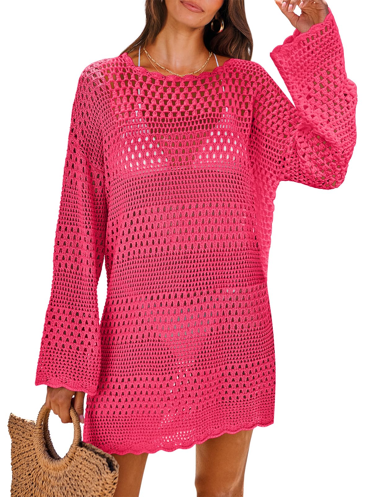 ANRABESS Women Swimsuit Cover Up Beach Crochet Bathing Suit Mini Dress