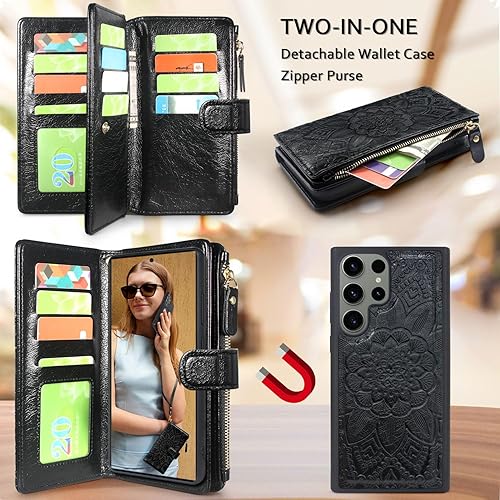 Miniatura 3 de Harryshell Funda de cuero desmontable con cremallera magnética con bolsillo para monedas, 12 ranuras para tarjetas, correa de muñeca para Samsung