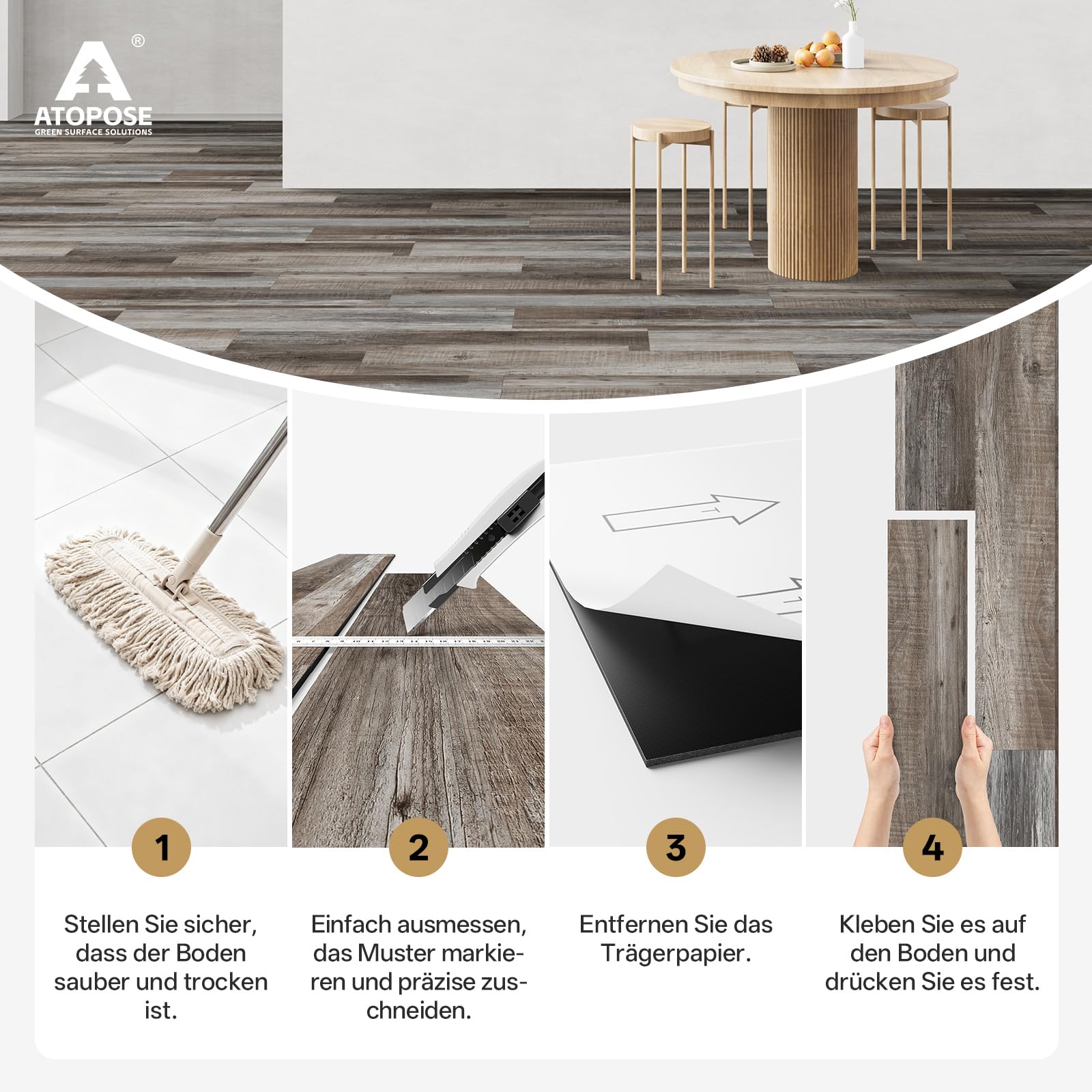 ATOPOSE - Pavimento in vinile autoadesivo, per installazione fai da te, 18 assi effetto legno, 2,51 m², blocco di quercia, impermeabile e antigraffio, per sala da pranzo, cucina, interni, residenziali
