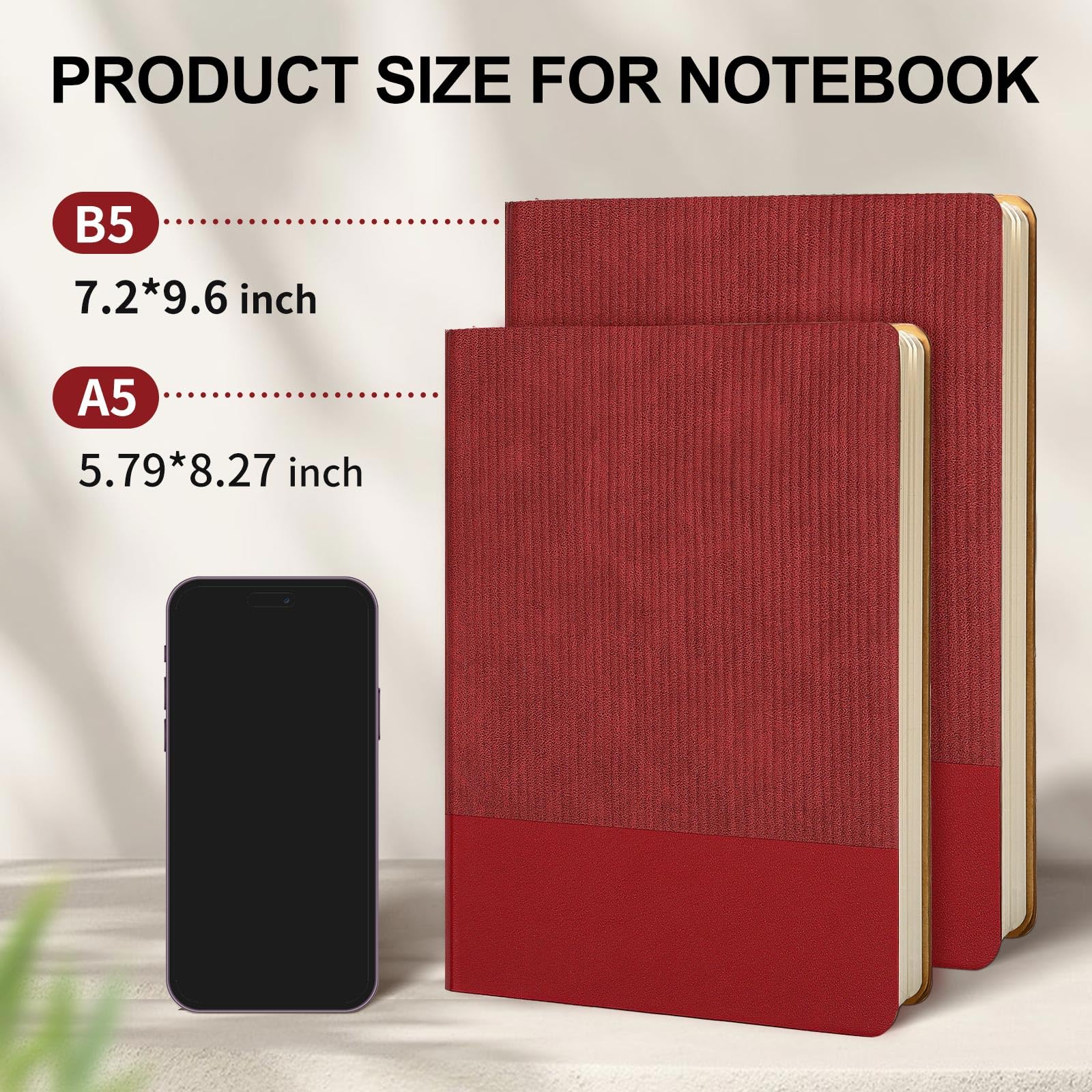 Notatnik w linie, B5, 80 arkuszy, 160 stron, 100 g/m², gruby papier, twarda okładka, skórzany, notatnik dla kobiet, mężczyzn, pracy, biura, szkoły, do pisania, 18,3 x 24,4 cm, czerwony