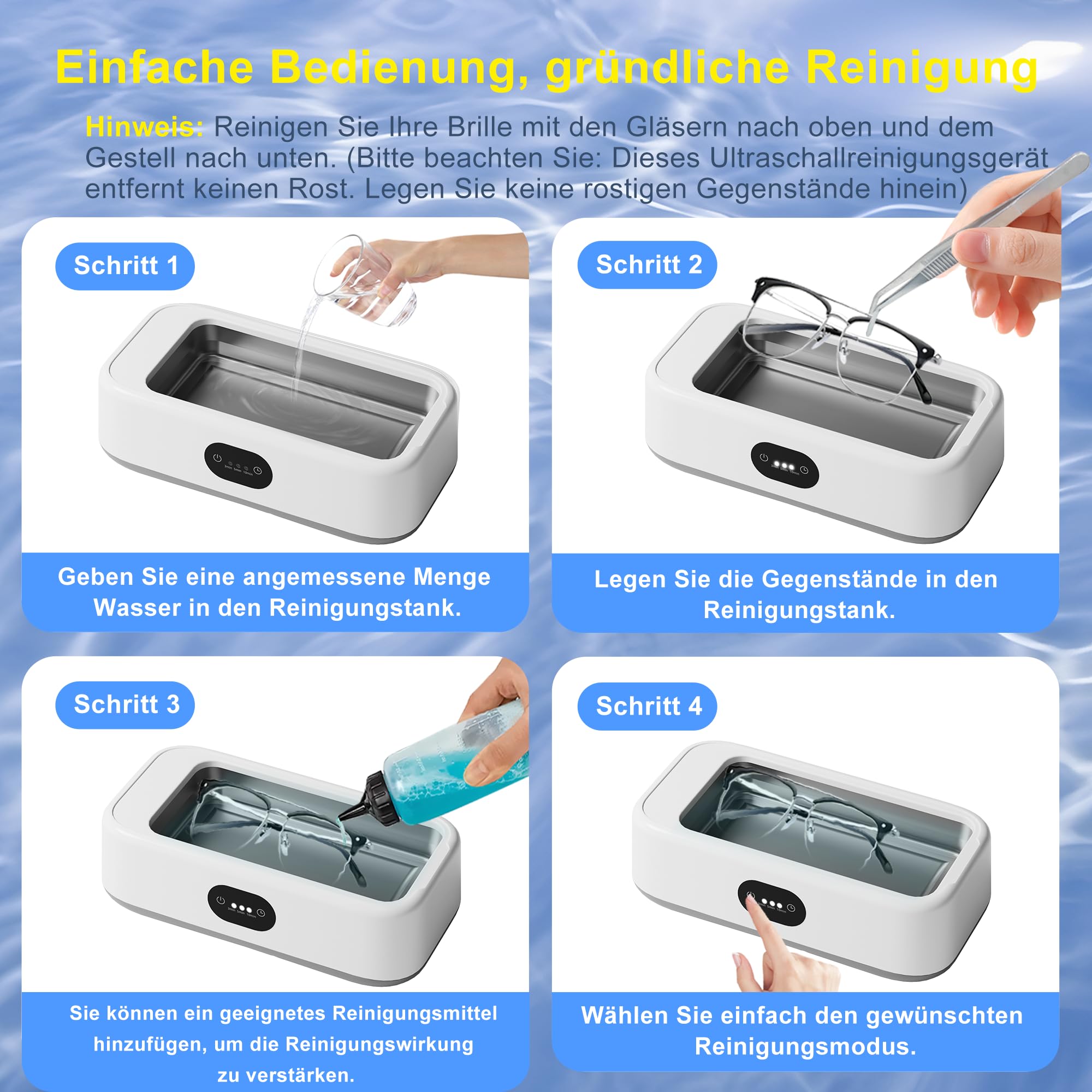 Ultraschallreinigungsgerät, Ultraschallreiniger 640ML für Brillen Schmuck | 49000Hz Ultrasonic Cleaner mit 3 Modi, Einfache Bedienung, Kompakt und Tragbar, Leiser Betrieb Sowie Effektive Reinigung