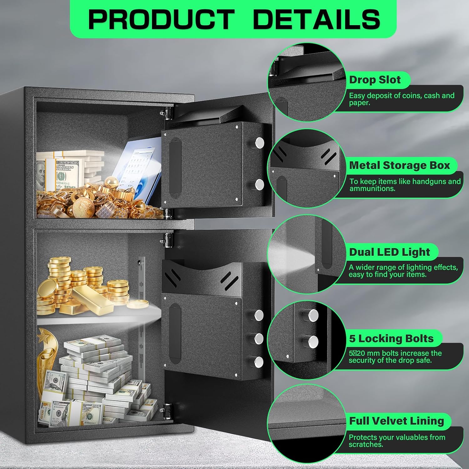 ZenithZest 6.0 Cub Large Safe with Depository Drop Slot and Fireproof Waterproof Bag, Double Door Biometric Home Safe for Documents, Cash, Jewelry & Valuables