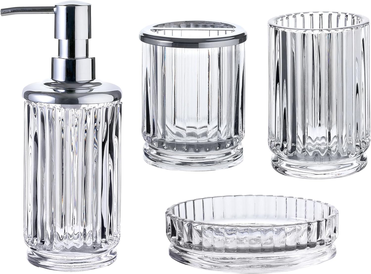 4-Piece Glass Bathroom Accessories Set, Clear Crystal Ribbed Design, Soap Dispenser, Toothbrush Holder, Tumbler, Soap Dish