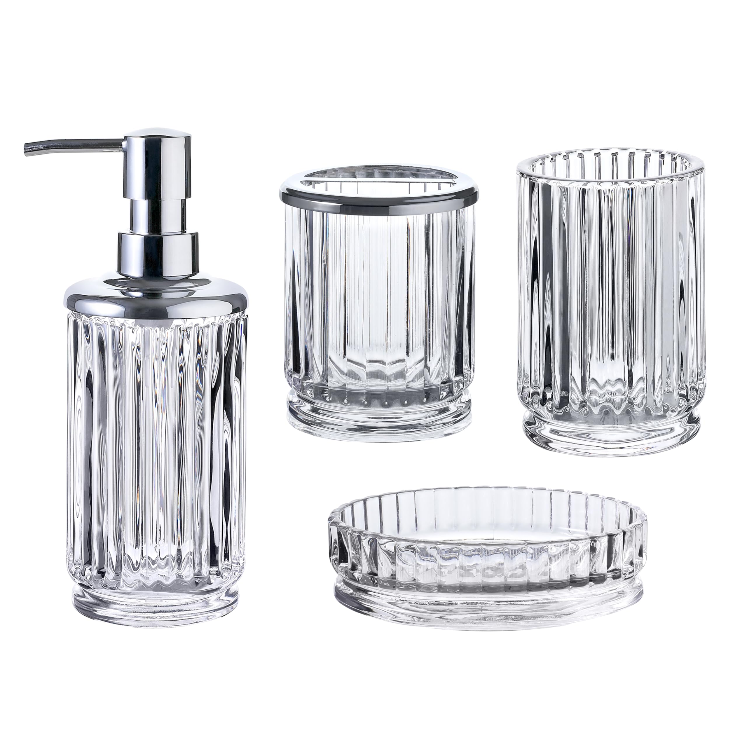 Juego de accesorios de baño de cristal de 4 piezas, diseño acanalado de cristal transparente, dispensador de jabón, soporte para cepillo de dientes, vaso, jabonera