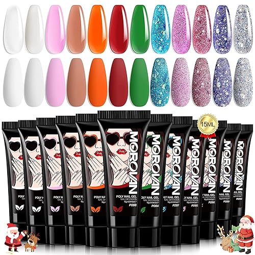 Morovan Kit de poligel de uñas  12 colores de uñas de poligel, paquete de colores de uñas de gel de calidad de salón, kit de gel de poliéster