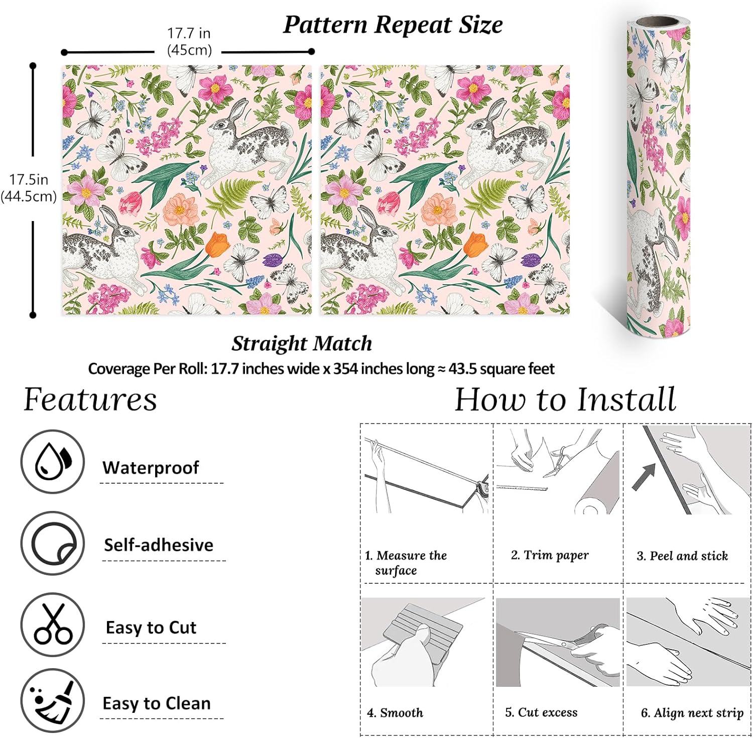 VEELIKE Cottage Rabbit Floral Wallpaper Peel and Stick Vintage Pink Bunny Butterflies Wallpaper for Nursery Kids Room 17.7''x354'' Self Adhesive Floral Wall Paper Pink Contact Paper for Cabinets Walls