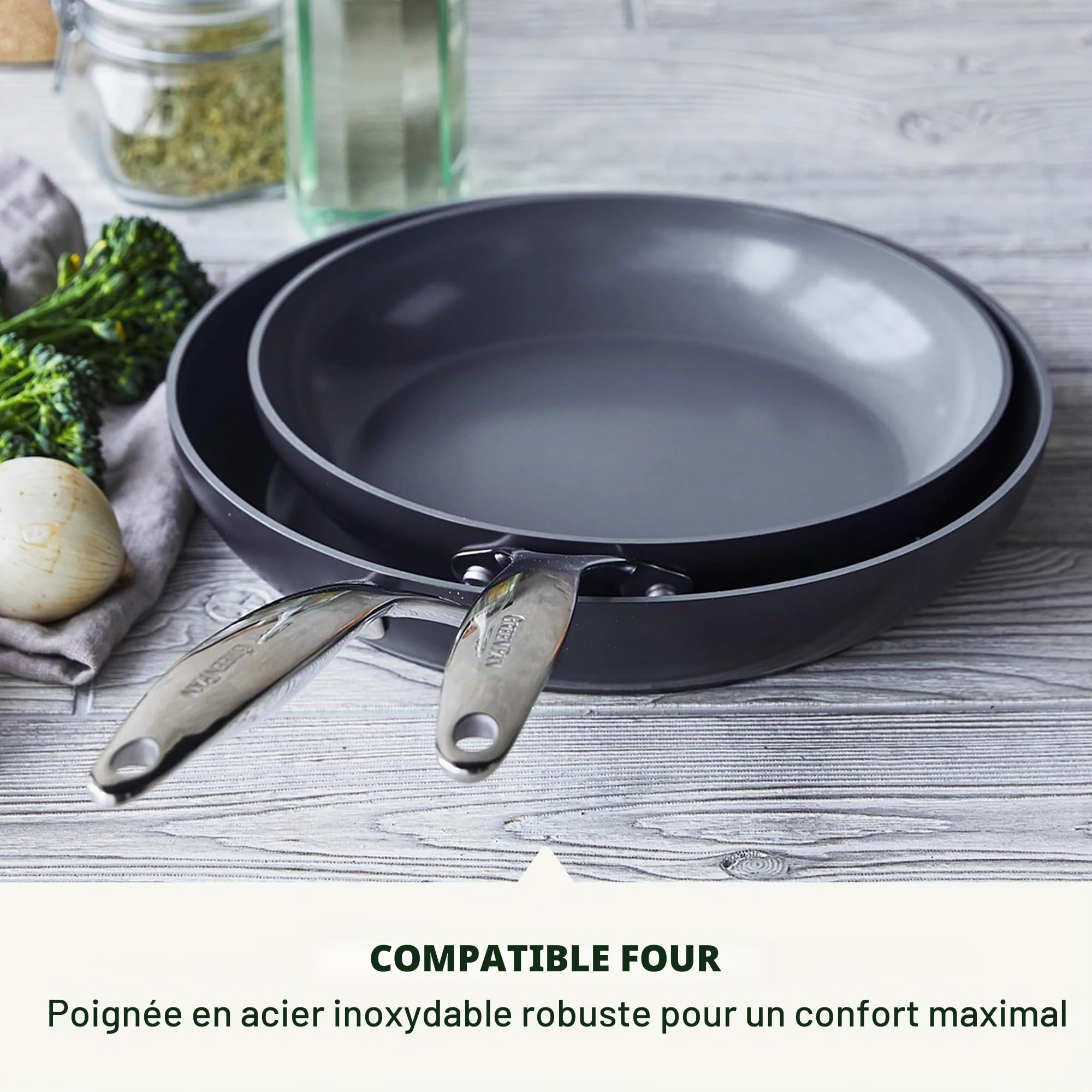 GreenPan Valencia Pro Set Poêles avec Couvercles, Anodisées Dures, Compatible Induction, Céramique Antiadhésive Saine, 20,3 cm et 25,4 cm, Gris