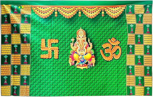 Miniatura 4 de SATVIK - Telón de fondo de tela para decoración de Pooja india, foto Ganpati, telón de fondo tradicional de tela Puja, festival Mehndi Diwali,