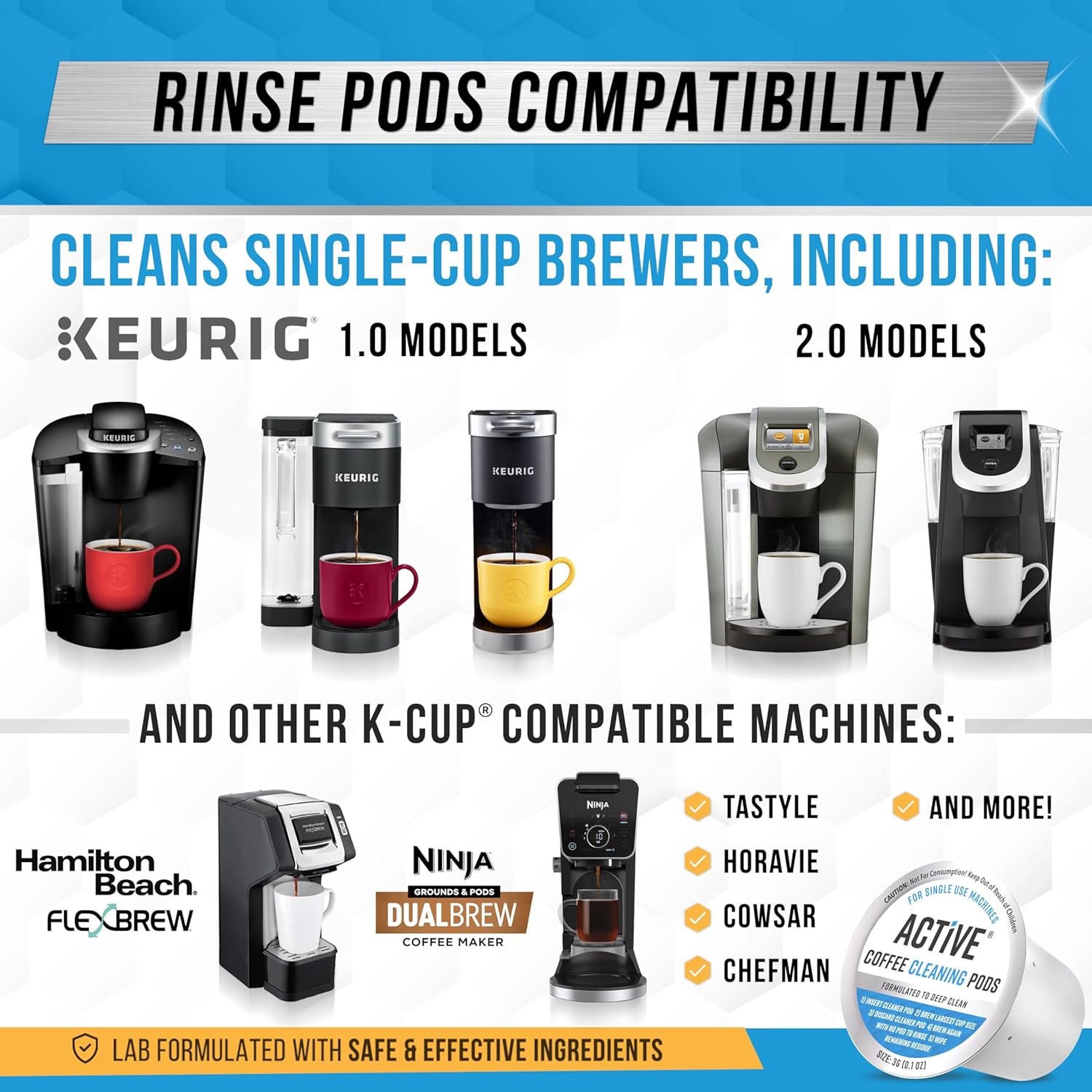 ACTIVE K-Cup Compatible Keurig Cleaning Pods - Quick-Rinse Cleaners for Single Serve Coffee Machine, 12 Month Coffee Maker Cleaner Kit, Brewer Clean Cups for Keurig 1.0, 2.0, Mini Machines - 12 Pack