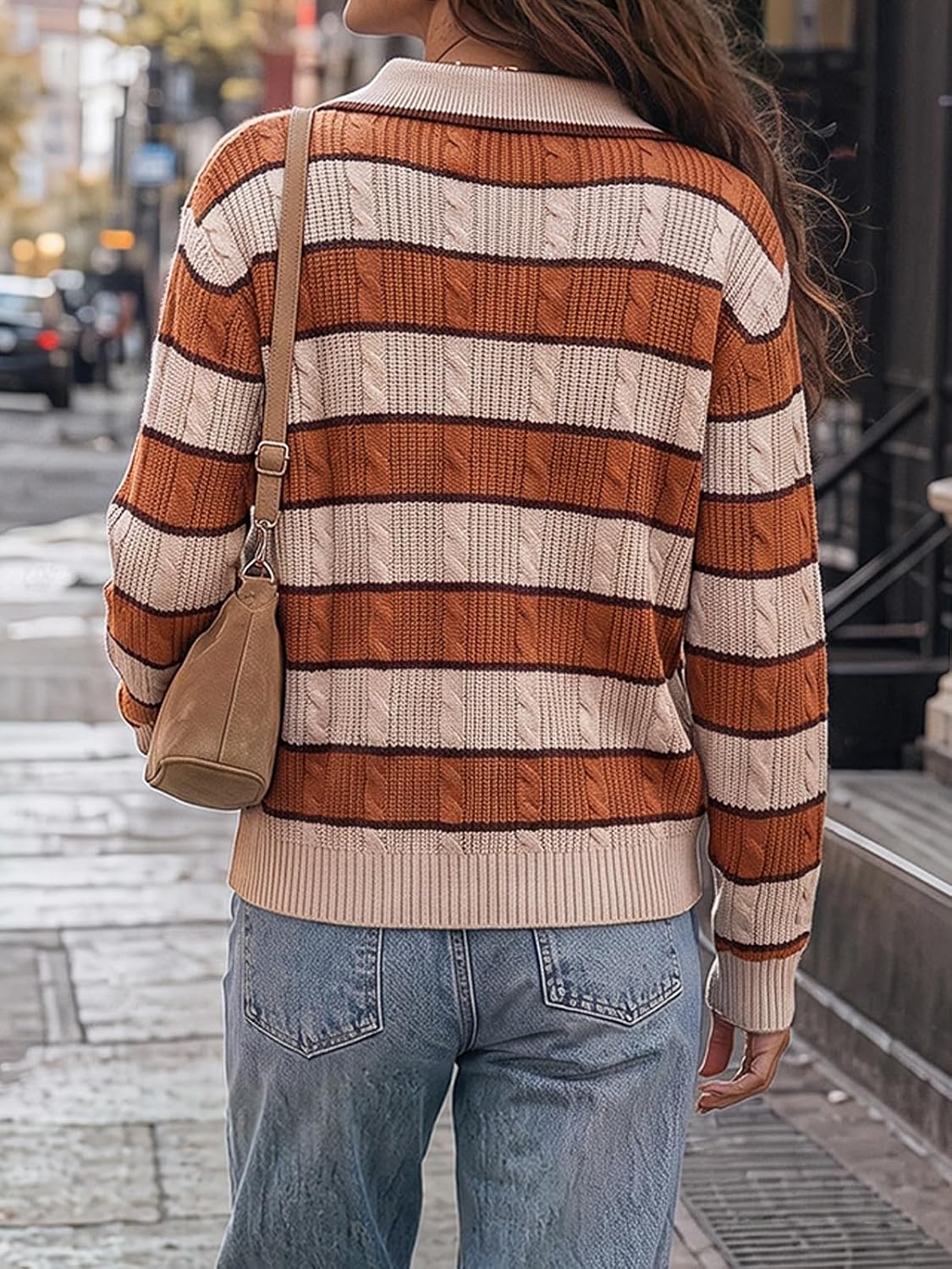 Fisoew Womens Cable Knit Sweaters Casual Polo V Neck Striped Pullover Tops image 5
