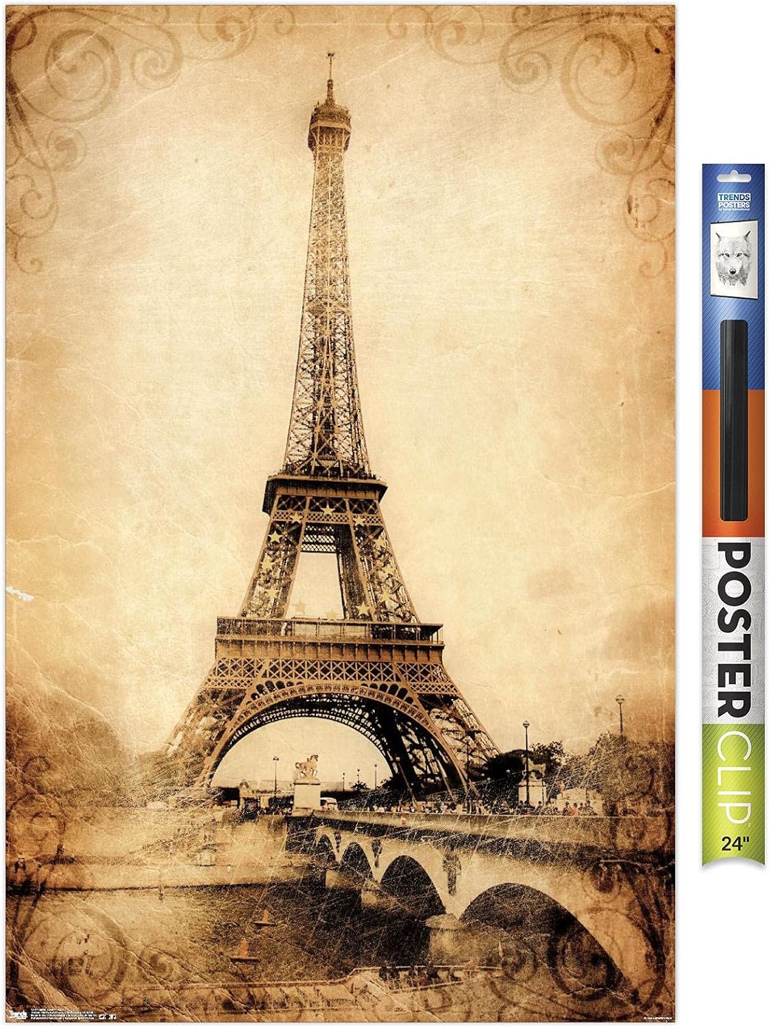 Trends International The Eiffel Tower - Rustic Wall Poster, 22.375" x 34", Print and Black Hanger Bundle