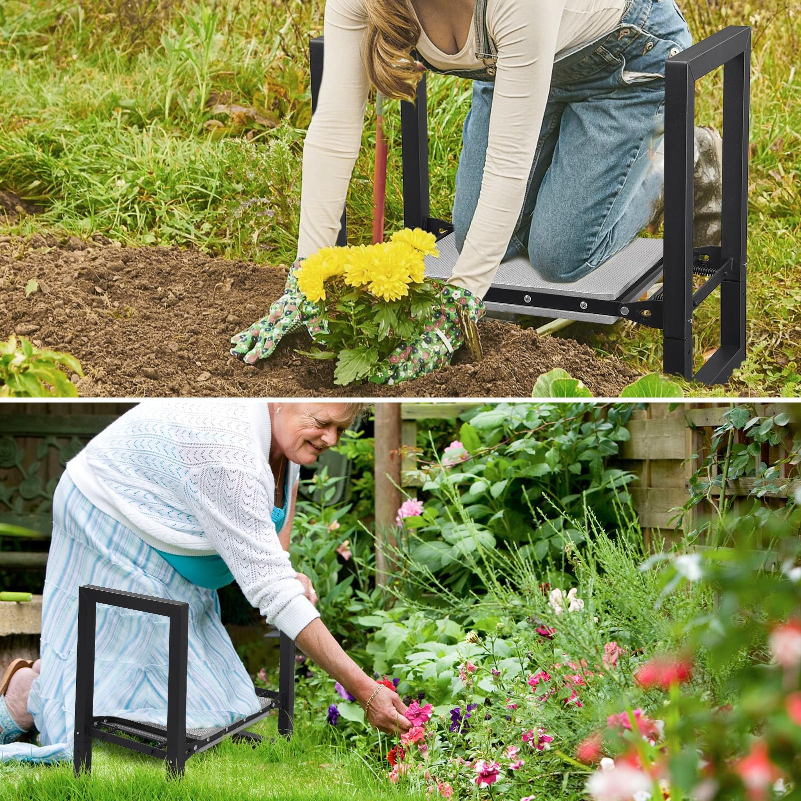 Banc de jardin pliable - Assise extra large de 31 cm - Avec rembourrage confortable - Idéal pour le jardinage, le camping et la pêche - Cadeau pour les jardiniers - Noir
