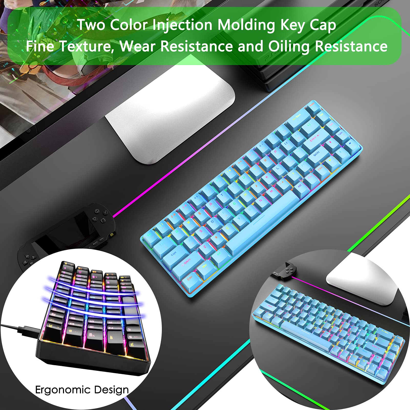 RGB Gaming Tastatur und Maus Set, 68 Tasten Blauer Schalter 60% Mini Chroma Mechanische Tastatur, 6400DPI Leichte Optische Waben Maus, USB-Kabel, Kompatibel mit Windows Mac PS4 Xbox, Blau