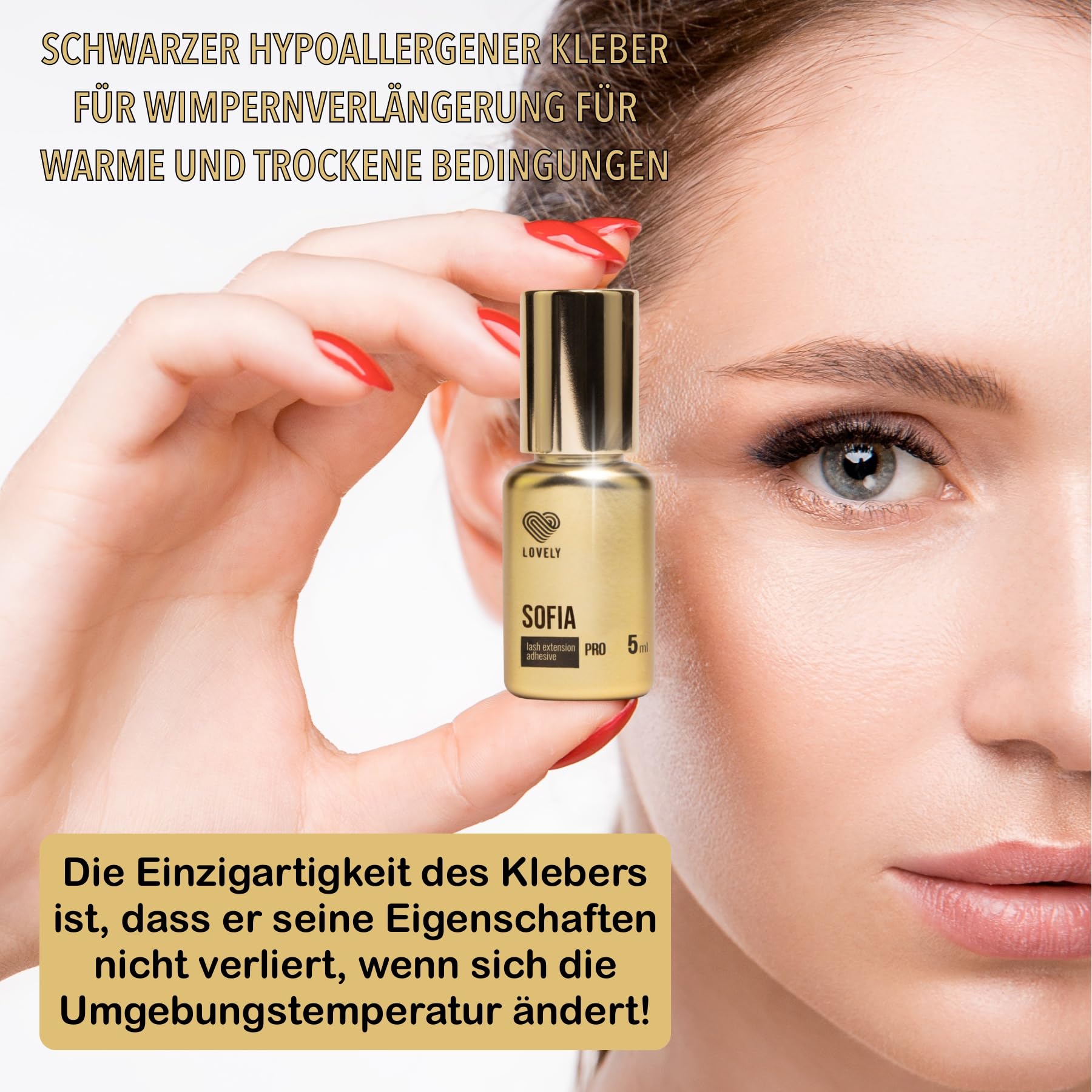 LOVELY Wimpernkleber SOFIA - schneller Kleber, Trocknungszeit 0,5 Sek. - bis zu 8 Wochen Halt, Hypoallergen - Wimpernkleber für Wimpernverlängerung geeignet für Studios & Fremdanwendung - 5ml Schwarz