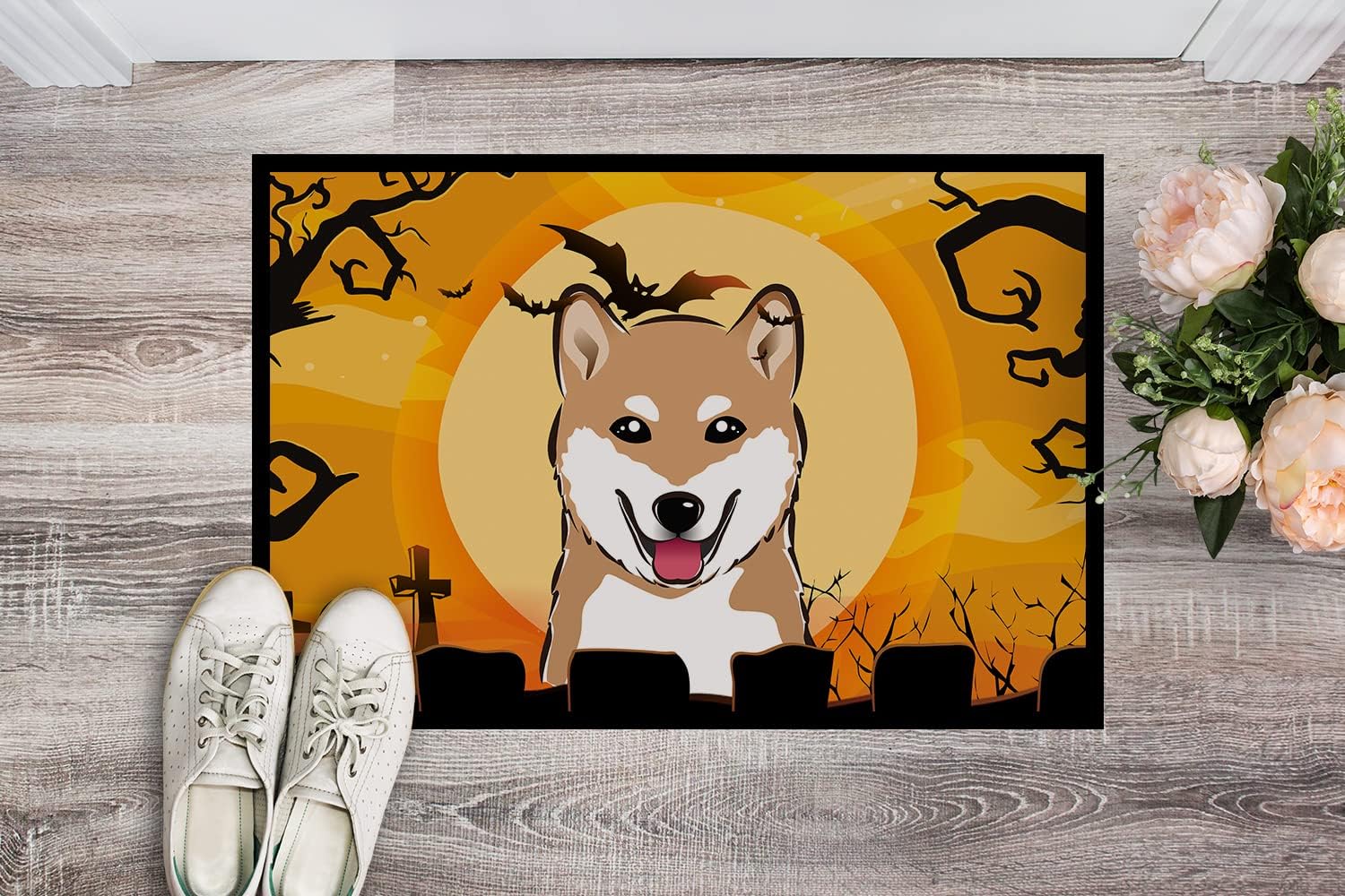 Caroline's Treasures BB1783MAT Halloween Shiba Inu Doormat 18x27 Front Door Mat Indoor Outdoor Rugs for Entryway, Non Slip Washable Low Pile, 18H X 27W