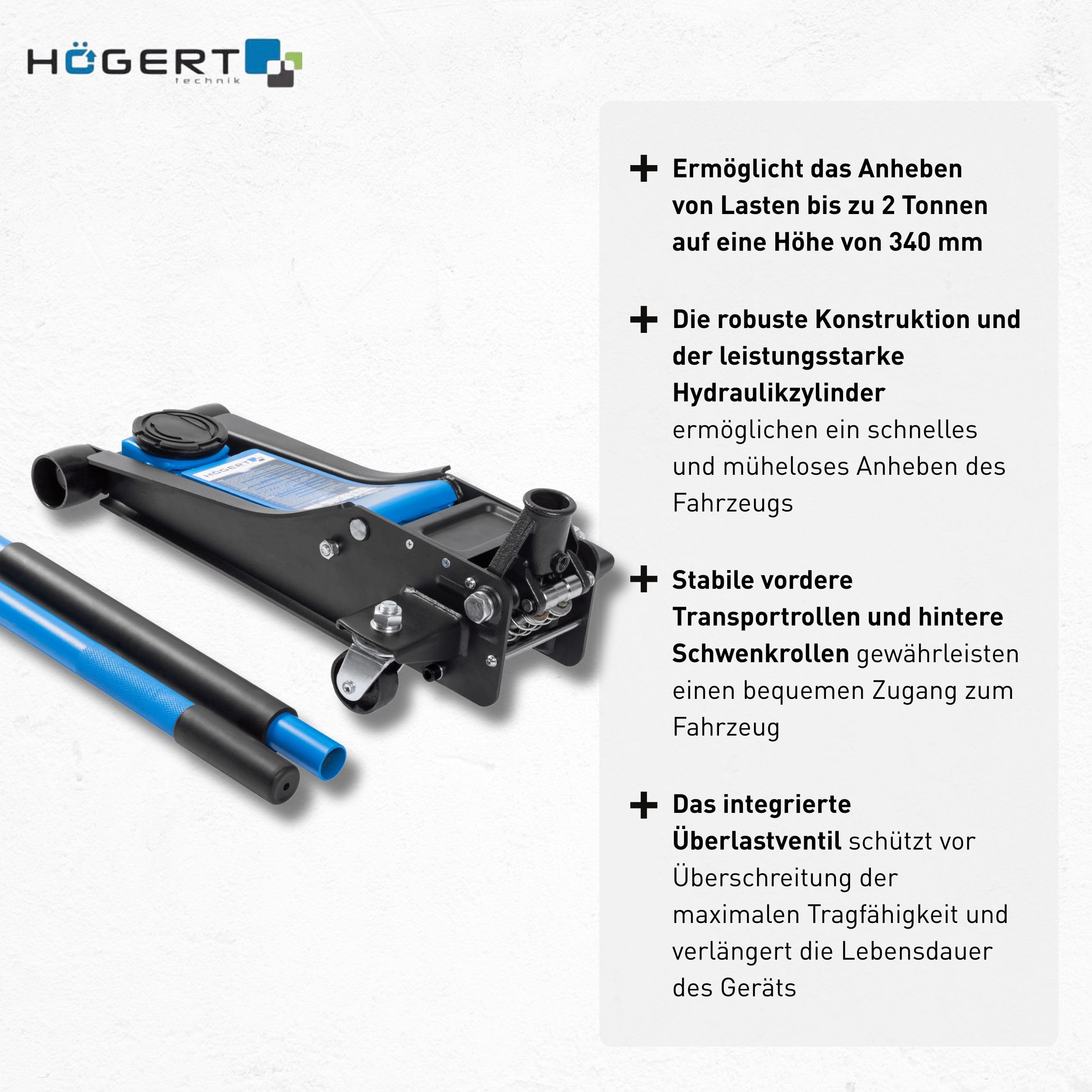 Högert Technik Wagenheber, Hydraulischer Wagenheber 2t, Rangierwagenheber Hydraulikheber 85-430 mm Hubhöhe für PKW, Überlastventil, Frontrollen und schwenkbare Hinterräder