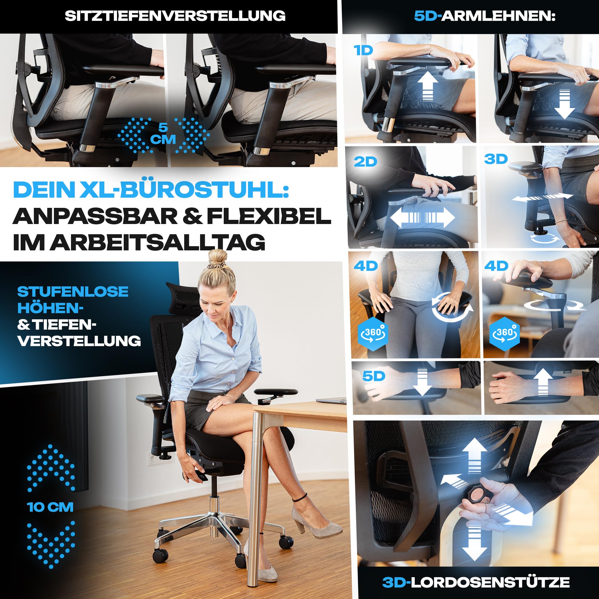 VALKENSTOL M8 Bürostuhl Ergonomisch Testsieger für Grosse Menschen, Breite Sitzfläche Schreibtischstuhl, Office Chair mit Lordosenstütze, Verstellbare Rückenlehne für Gesundes Sitzen Chefsessel 150kg