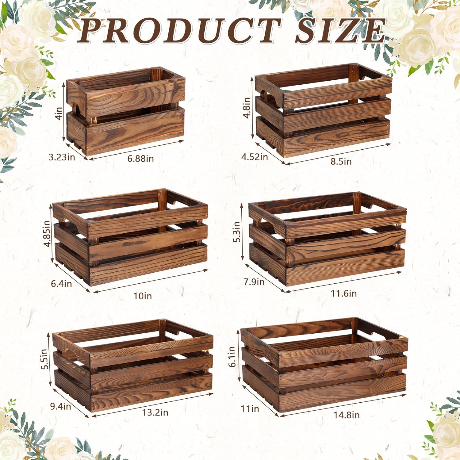 CroBlissful 6 Pcs Decorative Wood Crates for Storage Display Rustic Nesting Crates with Handle Farmhouse Wooden Storage Container Boxes for Wedding Baby Shower Birthday Party(Vintage Brown)