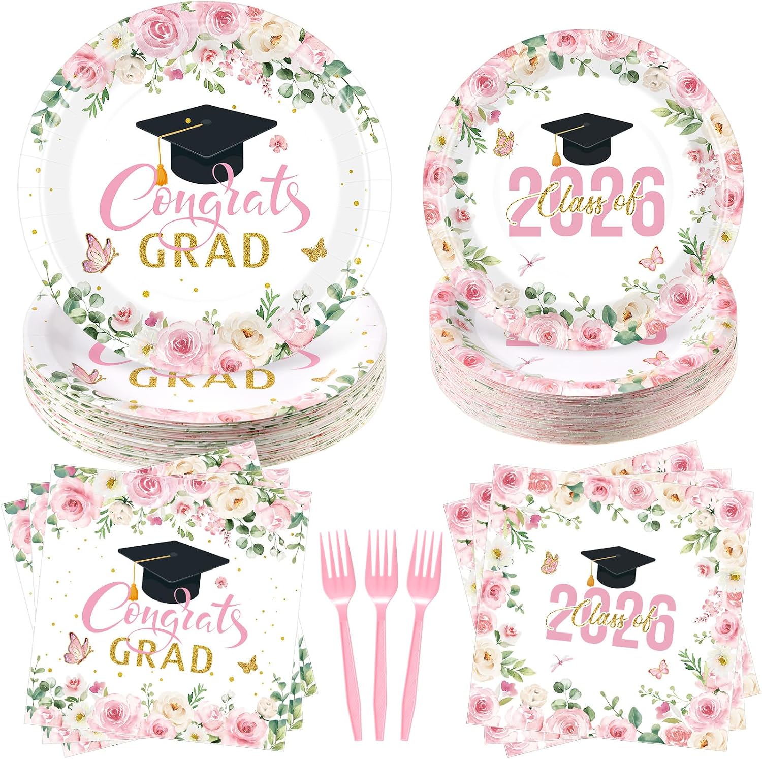 Dispowreath 250 Pcs Pink Floral Graduation Plates and Napkins Set 2026, Class of 2026 Pink Gold Congrats Grad Disposable Tableware for 50, Wildflower Freshly Graduated Decorations Party Supply