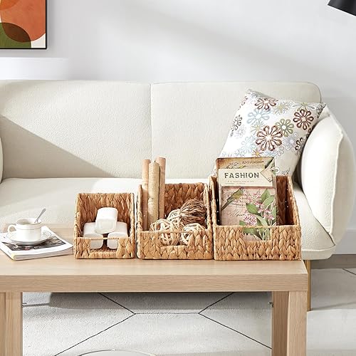 Miniatura 4 de Vagusicc Cestas de almacenamiento de mimbre para organizar, paquete de 3 cestas de mimbre tejidas a mano con asas integradas, cestas de