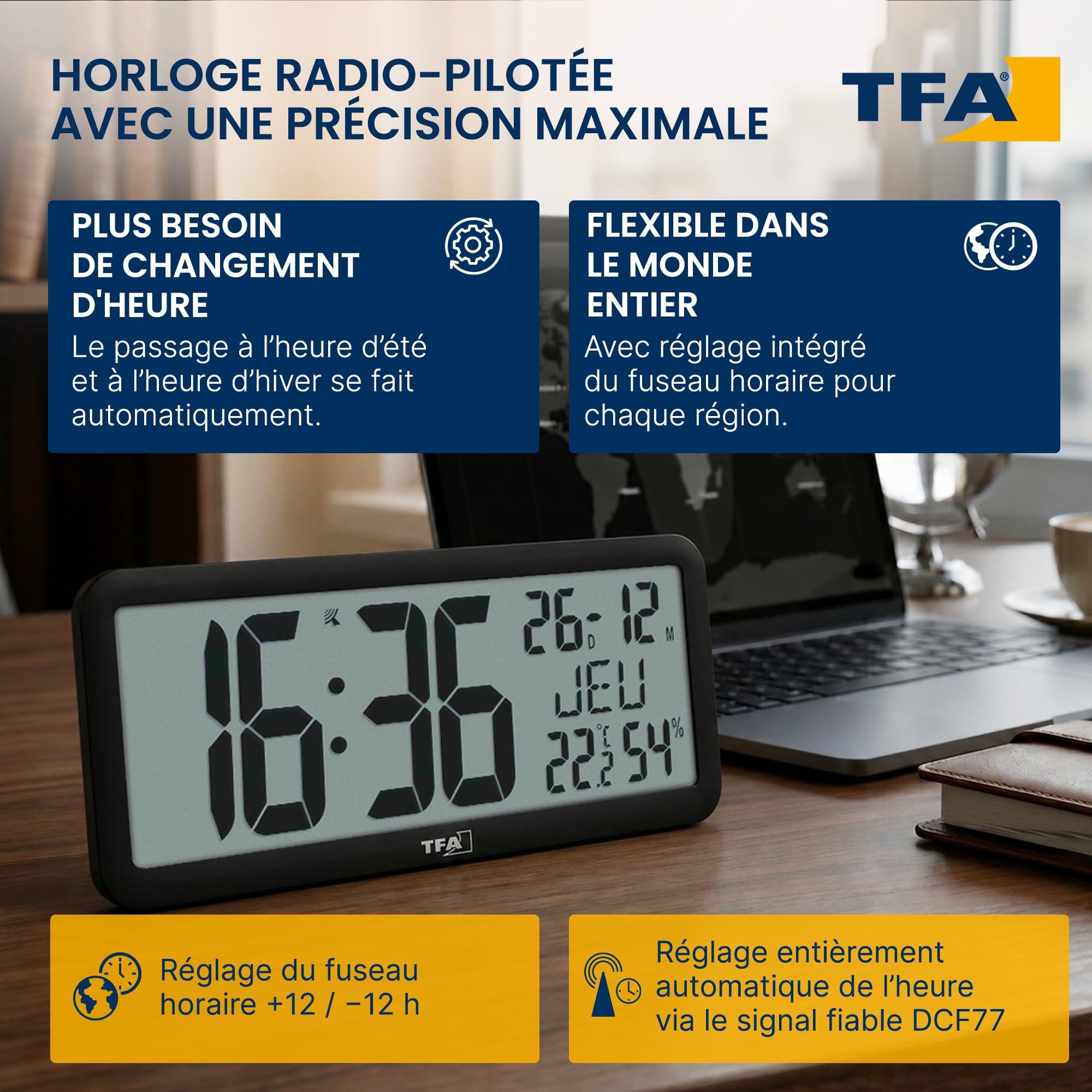 TFA Dostmann Horloge murale numérique geante XXL, 60.4525, avec température et humidité intérieures, avec calendrier, pour le bureau, les seniors, la cuisine, radio-pilotée, avec fonction réveil, noir