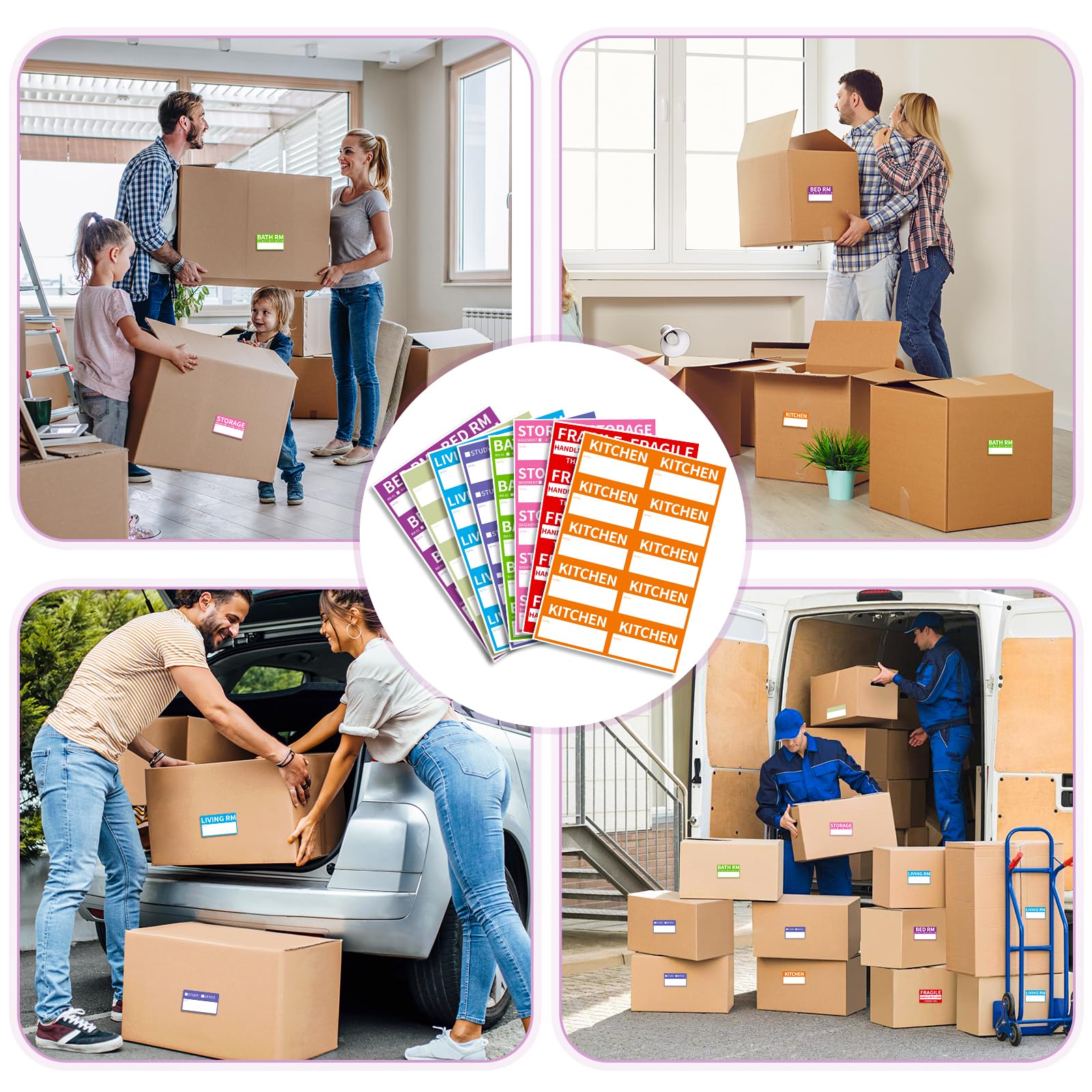 Umzugsetiketten, 5,1 x 8,6 cm, 8 farbkodierte Verpackungskarton-Aufkleber mit zerbrechlichen und leeren personalisierbaren Etiketten, 170 Stück