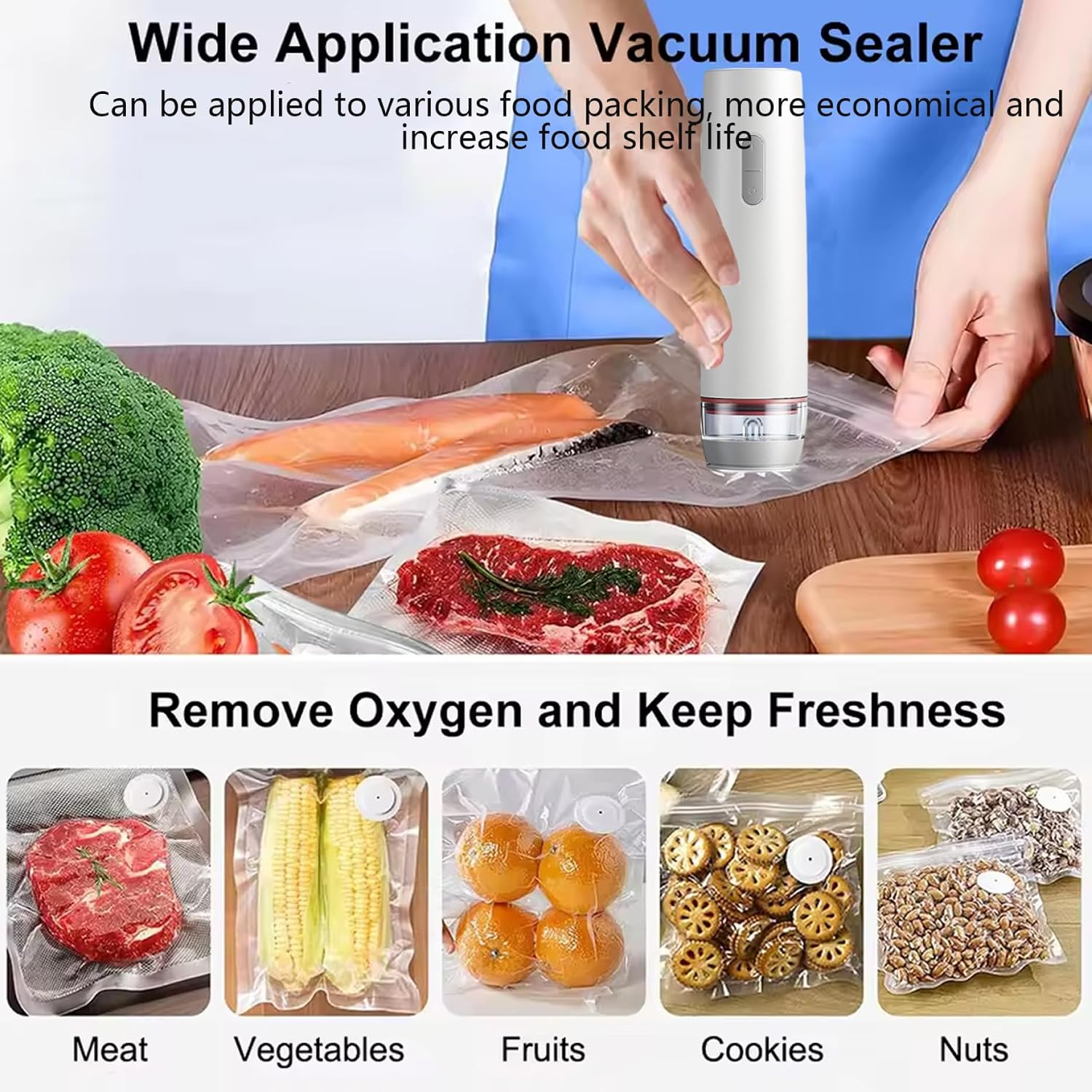 Compact Vacuum Sealer Handheld Portable Airtight Food Vacuum Sealer Machine with 30 Reusable Bags Wireless Food Saver for Kitchen Storage Chef Small, for, Po image 5