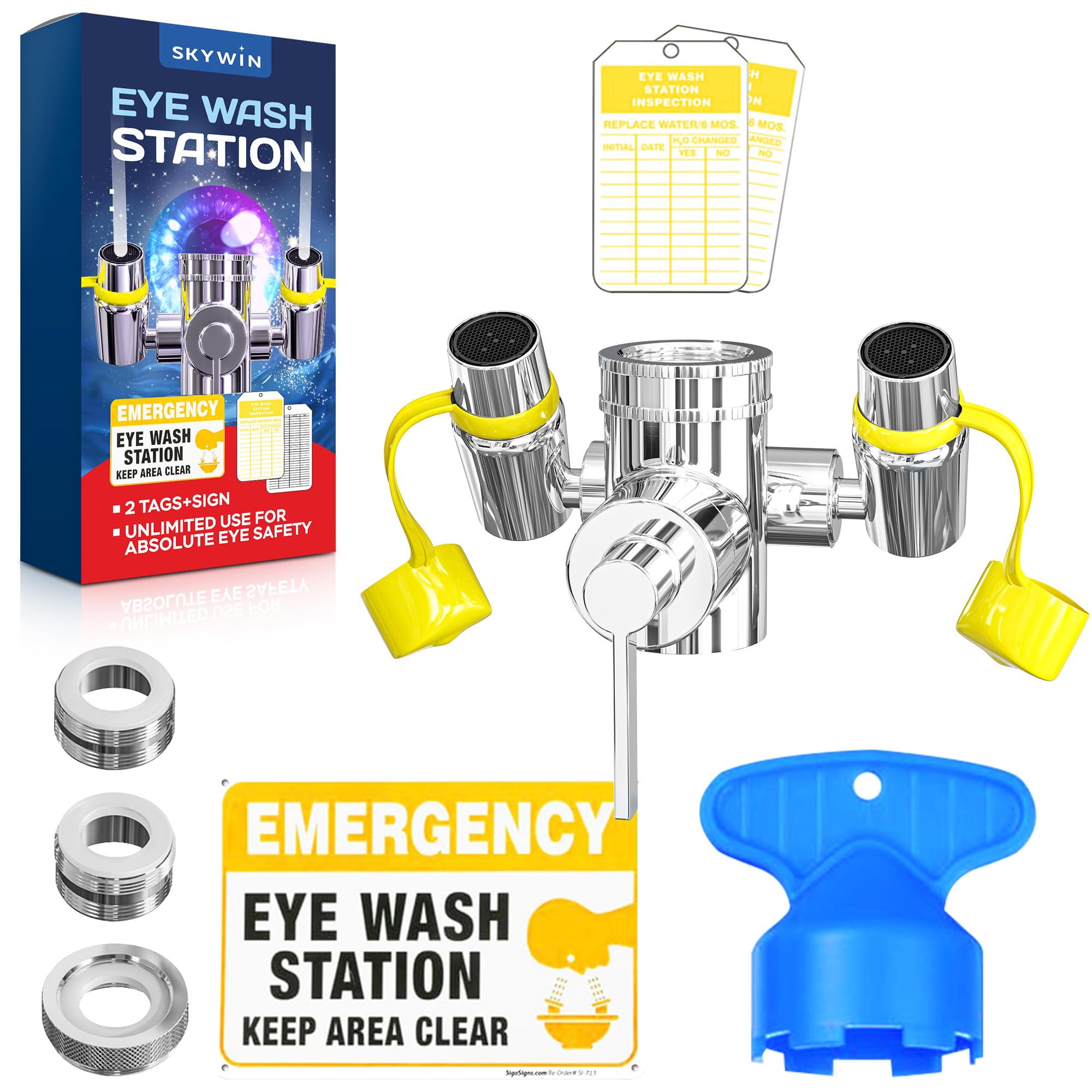 Skywin Eye Wash Kit - Eye Wash Units, Faucet Mounted Emergency Eye Wash Station Sink Attachment - Continuous Flow Eyewash Station with Common Sink Adapters and Inspection Tags (Yellow Caps)