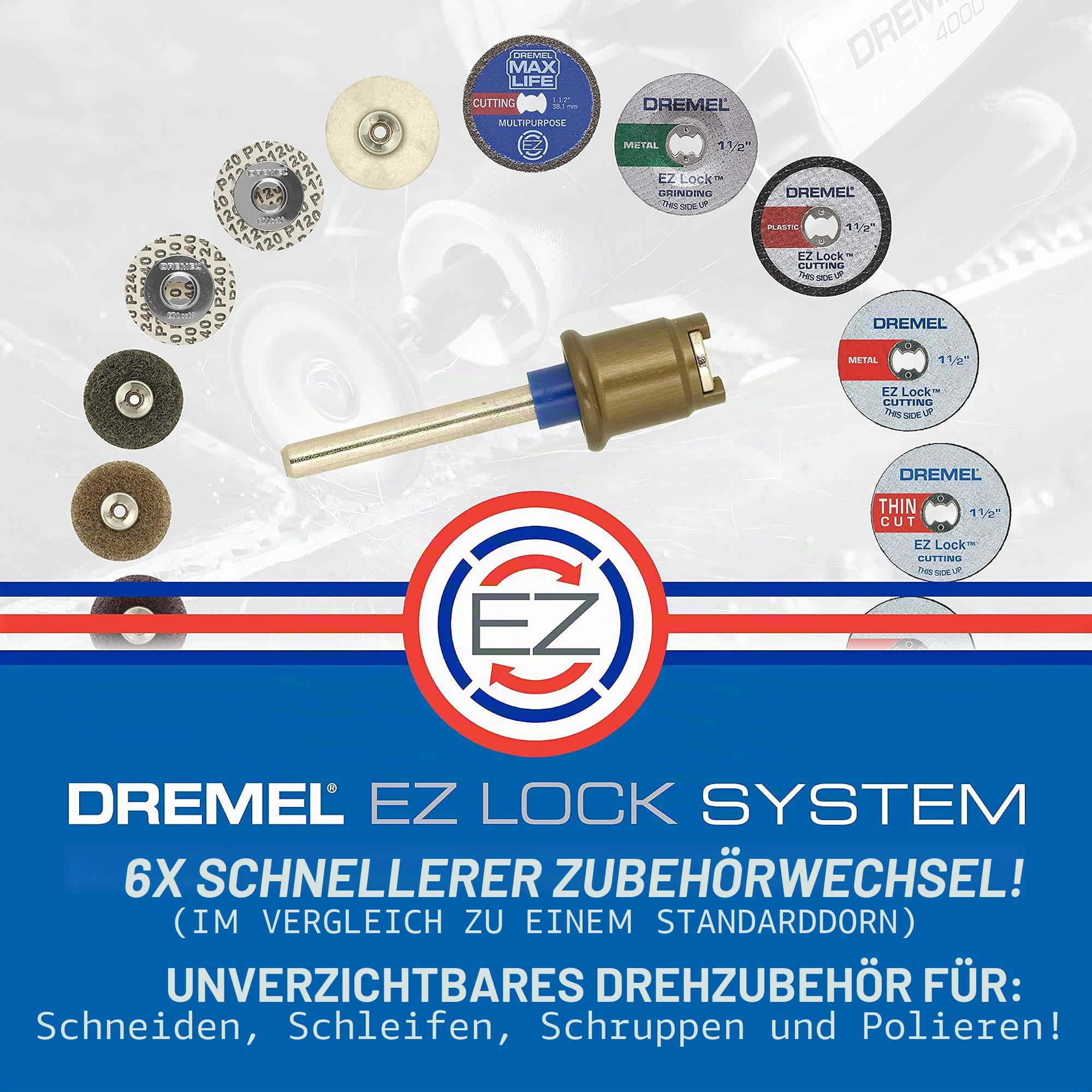 Dremel EZ406-02, EZ - Lock Starter Kit, 1 1/2 Zoll (38,1 mm) Raddurchmesser, 5 Stück glasfaserverstärkte Trennscheiben und EZ402 Dorn im Lieferumfang enthalten, Rotationswerkzeug Trennscheibenzubehör
