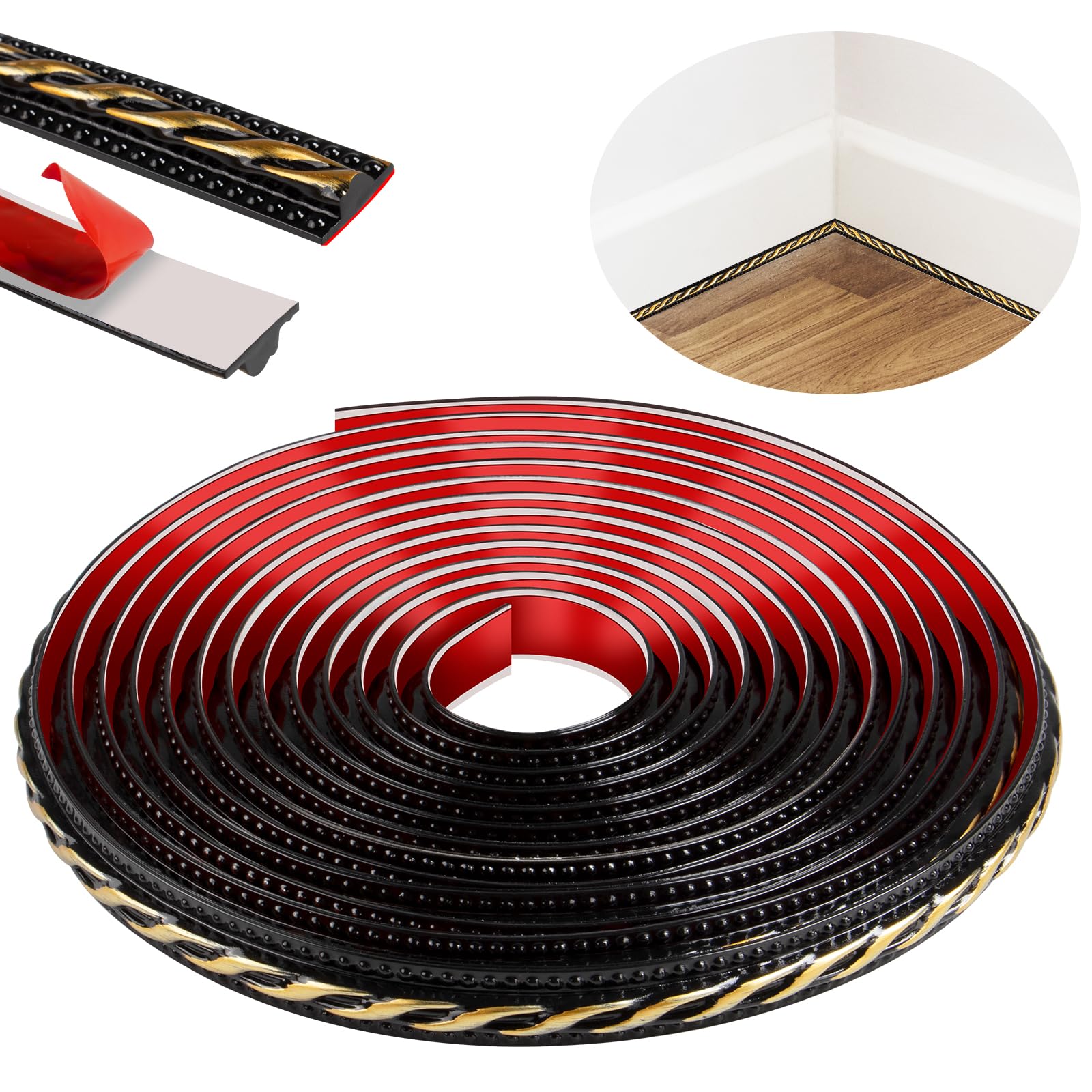 600cm Self-Adhesive Moulding Trim, Peel and Stick Ceiling Coving,3D Wall Trim for Mirror Frames, Furniture, Door Frames, Ceilings, Home Decoration(Black with Gold)