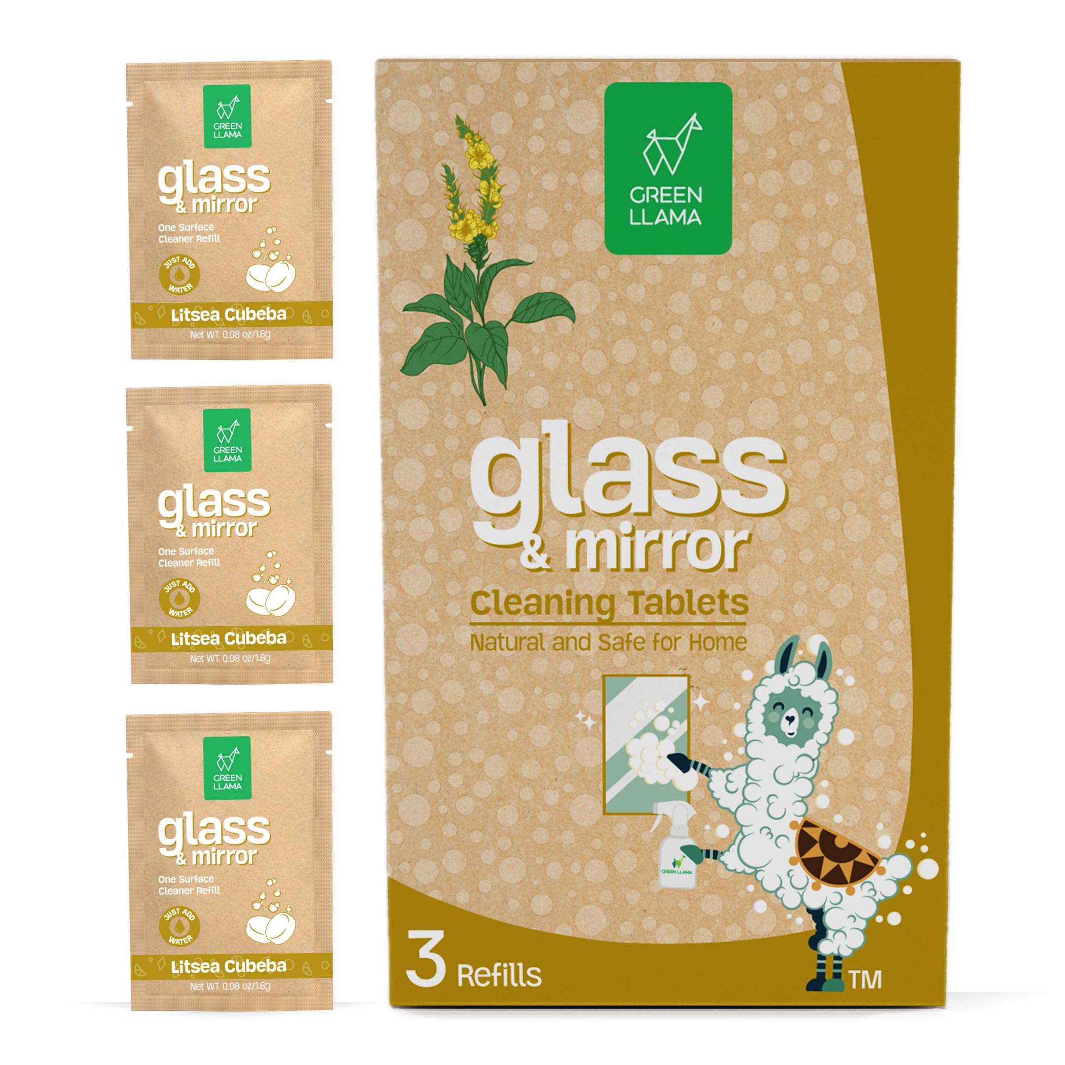 Green LlamaWindow and Glass Refill 3-Pack - Certified Compostable Packaging, Natural Cleaning Solution for Windows and Glass - Eco-Friendly and Sustainable