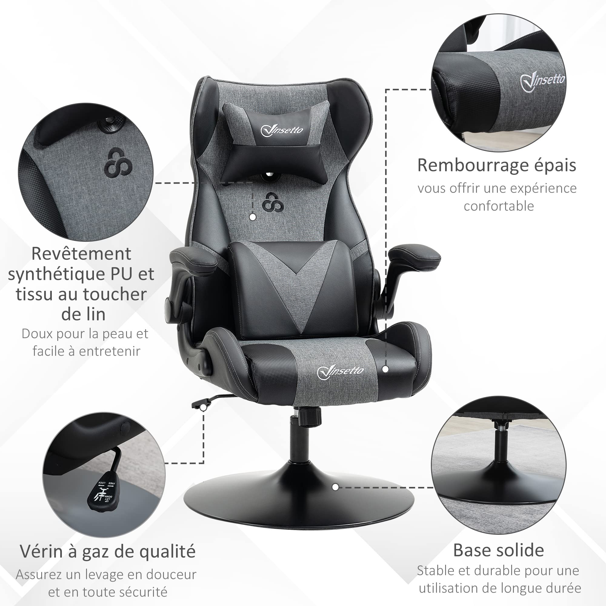 Vinsetto Chaise de Gaming Ergonomique avec Base Ronde Hauteur réglable accoudoir relevable Coussins tétière et lombaires PU Gris Noir