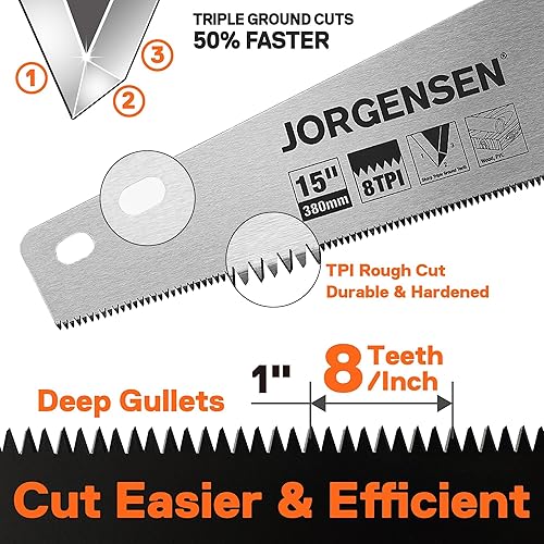 Miniatura 3 de JORGENSEN Sierra de mano profesional de 15 pulgadas, mango ergonómico de soldadura ultrasónica de aluminio antideslizante de corte fino 8 TPI para