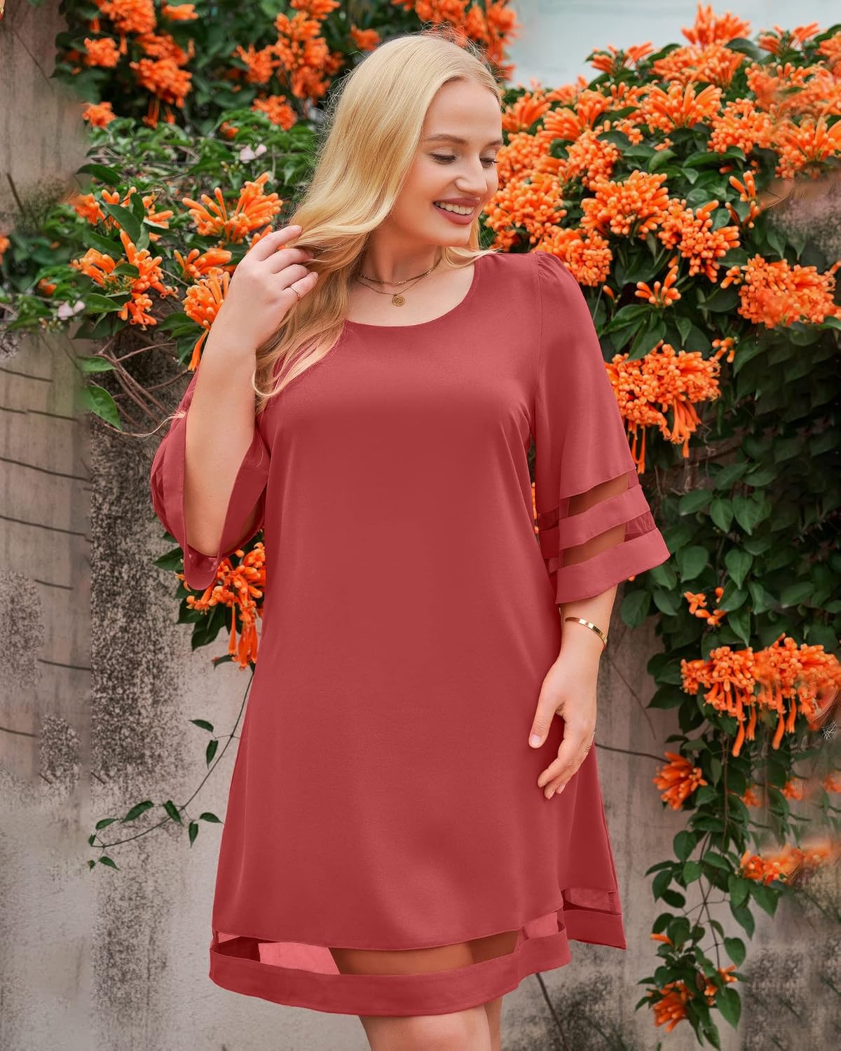 LookbookStore Women Casual Crewneck Mesh Panel 3/4 Bell Sleeve Loose Tunic Dress - Image 8