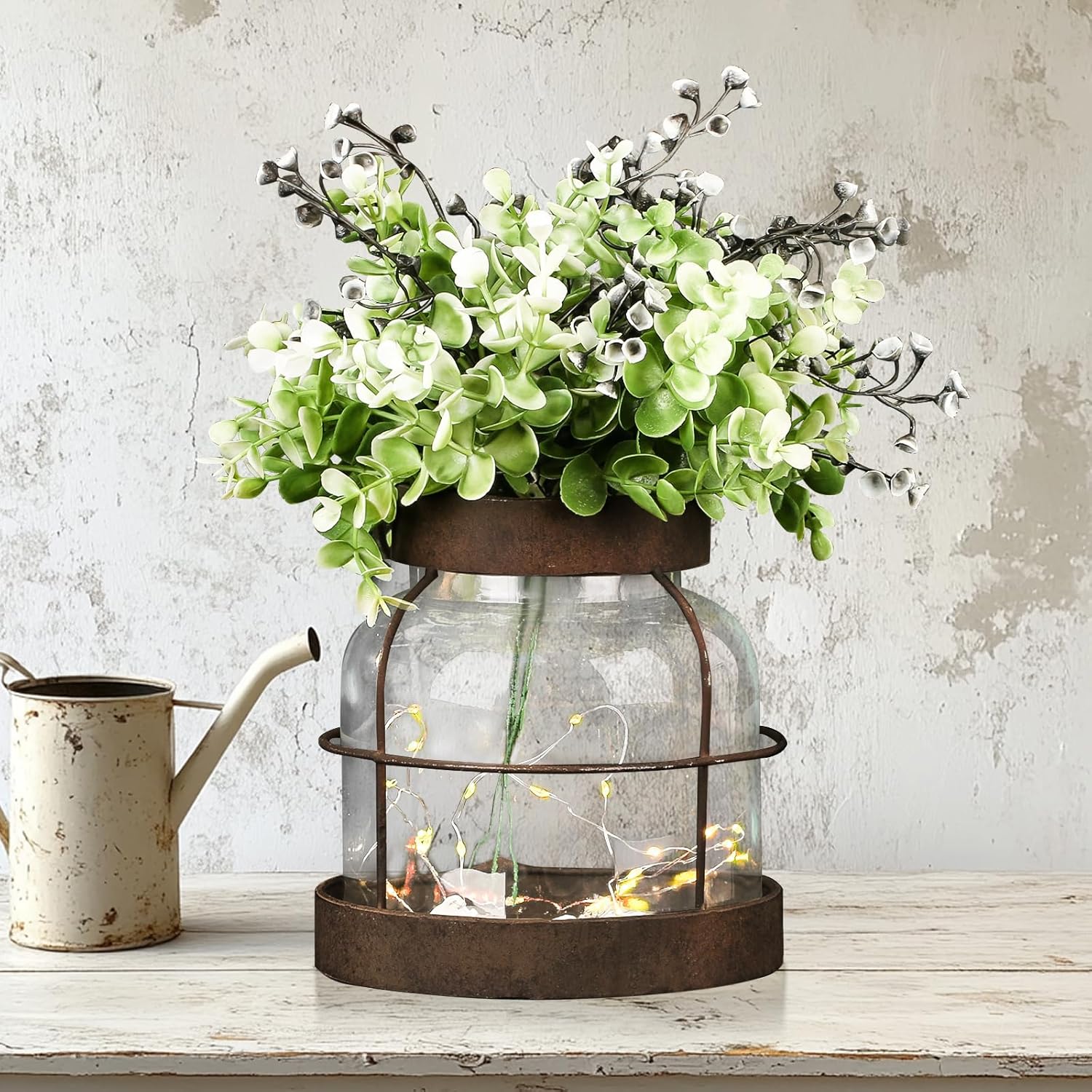 Farmhouse Rustic Vintage Primitive Glass Vases Lantern with Lights Green Artificial Eucalyptus Fake Plants Home Decor Centerpiece for Coffee Office Dining Table Shelf Desk Counter Kitchen Bathroom - Image 3