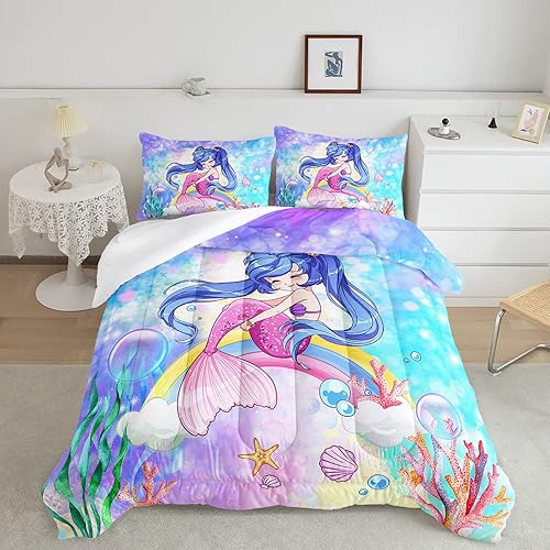 Miniatura 4 de Juego de edredón de sirena para niños y mujeres, lindo juego de ropa de cama Kawaii azul con 2 fundas de almohada (Mermaid Girl Full)