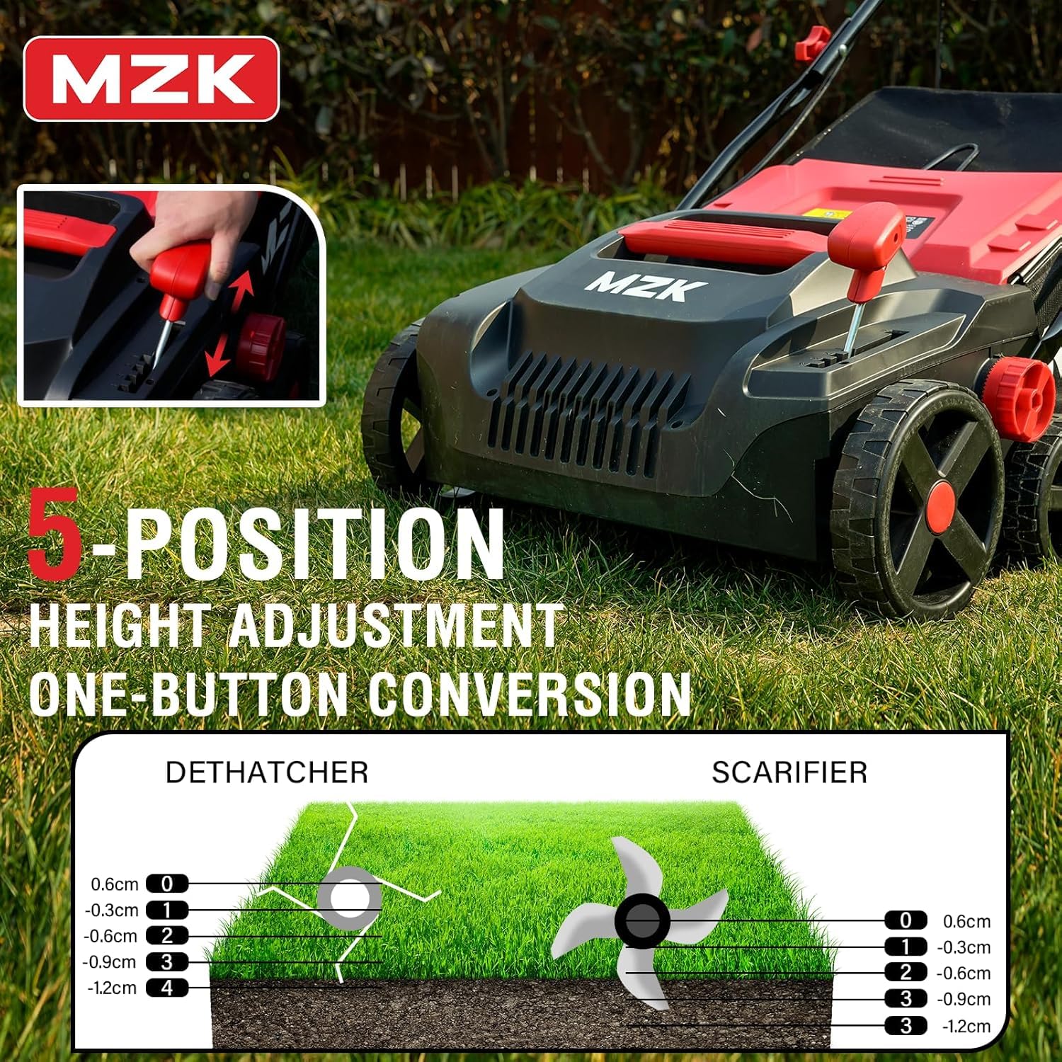 MZK 2-in-1 Elektro-Vertikutierer & Rasenlüfter, 38 cm, 3700 U/min | 5-stufige Höhenverstellung und 45L Fangkorb – ideal für einen gesunden, gepflegten Rasen.