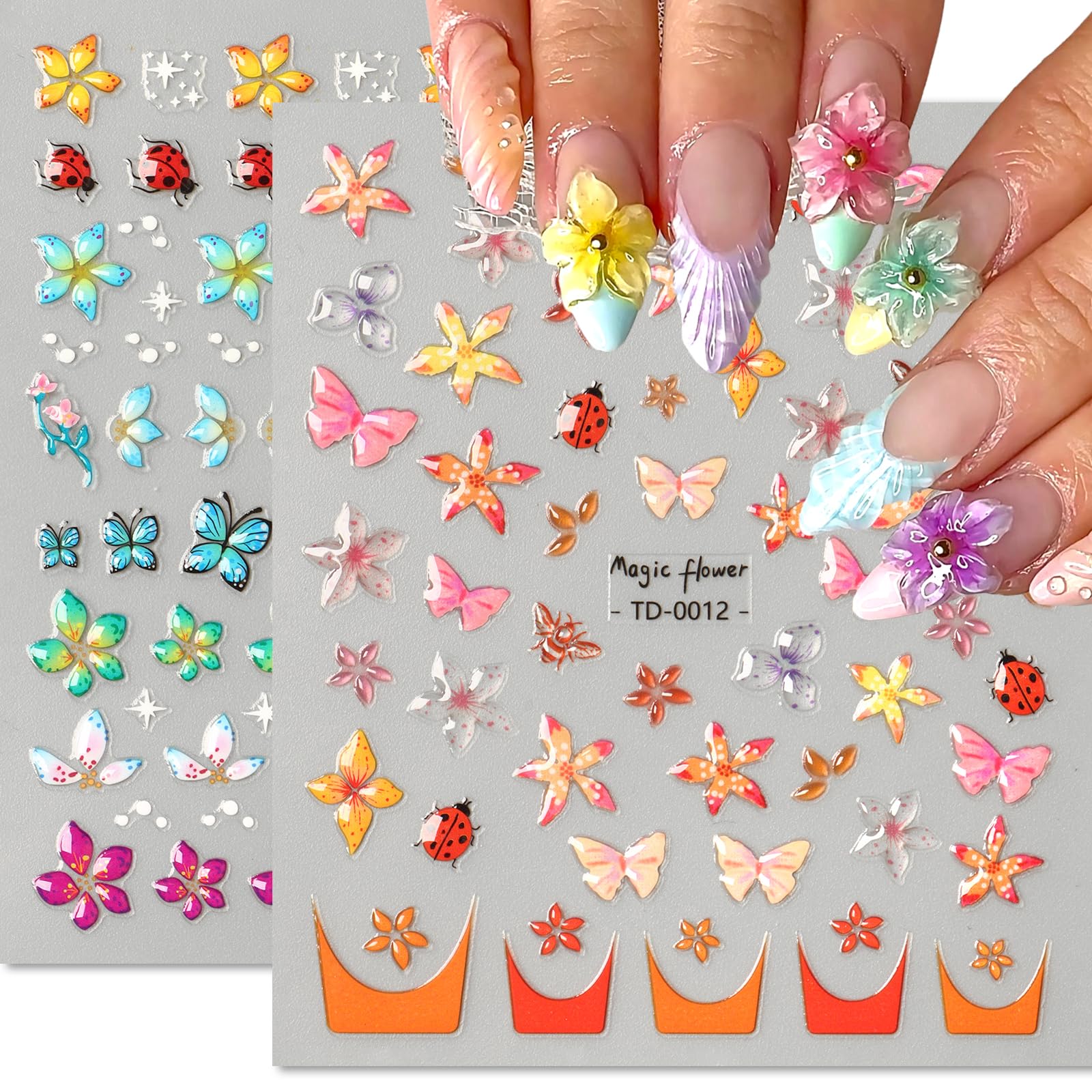 Photo 1 of Flower Nail Stickers 2 Sheets Stickers for Nails Floral Nail Decals Colorful Nail Design Stickers with Flower Butterfly Ladybug Self-Adhesive DIY Nail Art Decoration for Woman Girls