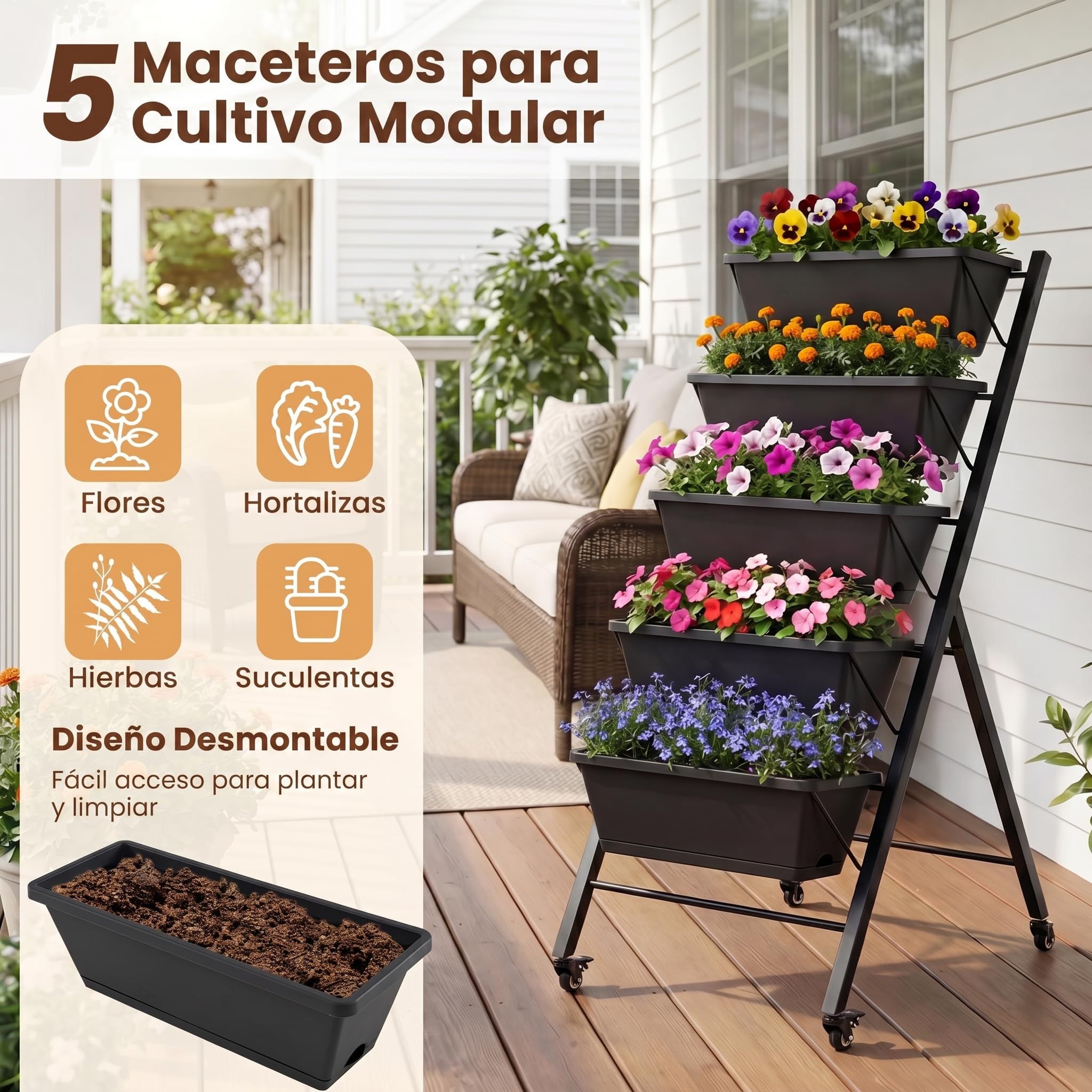 COSTWAY Jardinera Vertical con 5 Macetas, Huerto Urbano Elevado con Ruedas, Estructura de Metal, Orificios de Drenaje, Bandejas Desmotanbles, Jardinera Elevada Exterior, 57 x 68 x 117 cm