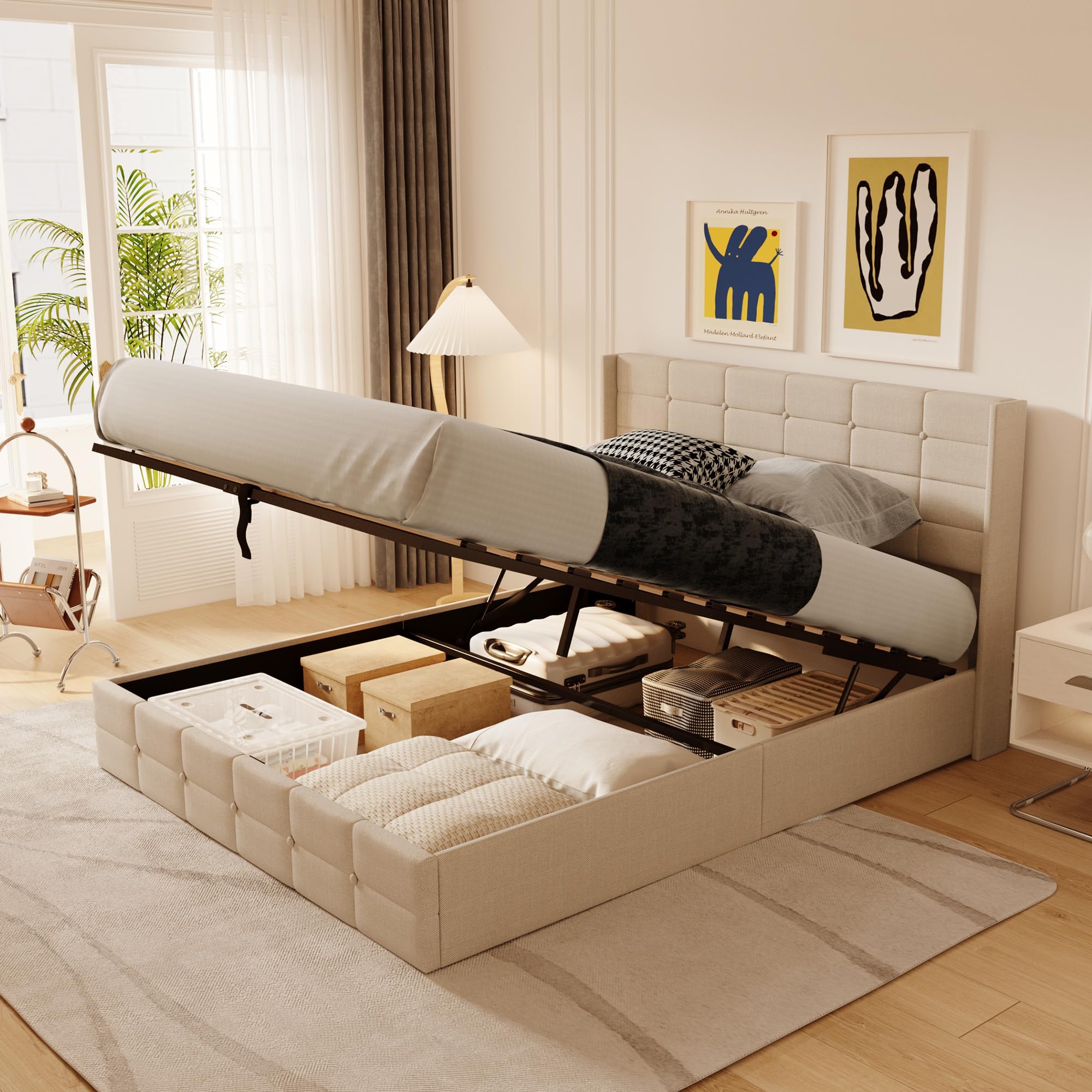 Lit Coffre 160x200 cm, lit Hydraulique avec Étagères Ouvertes et Rangement Caché en Tête de Lit Capitonné, Cadre de Lit, Sommier à Lattes, sans Matelas, (Beige, 160x200cm)