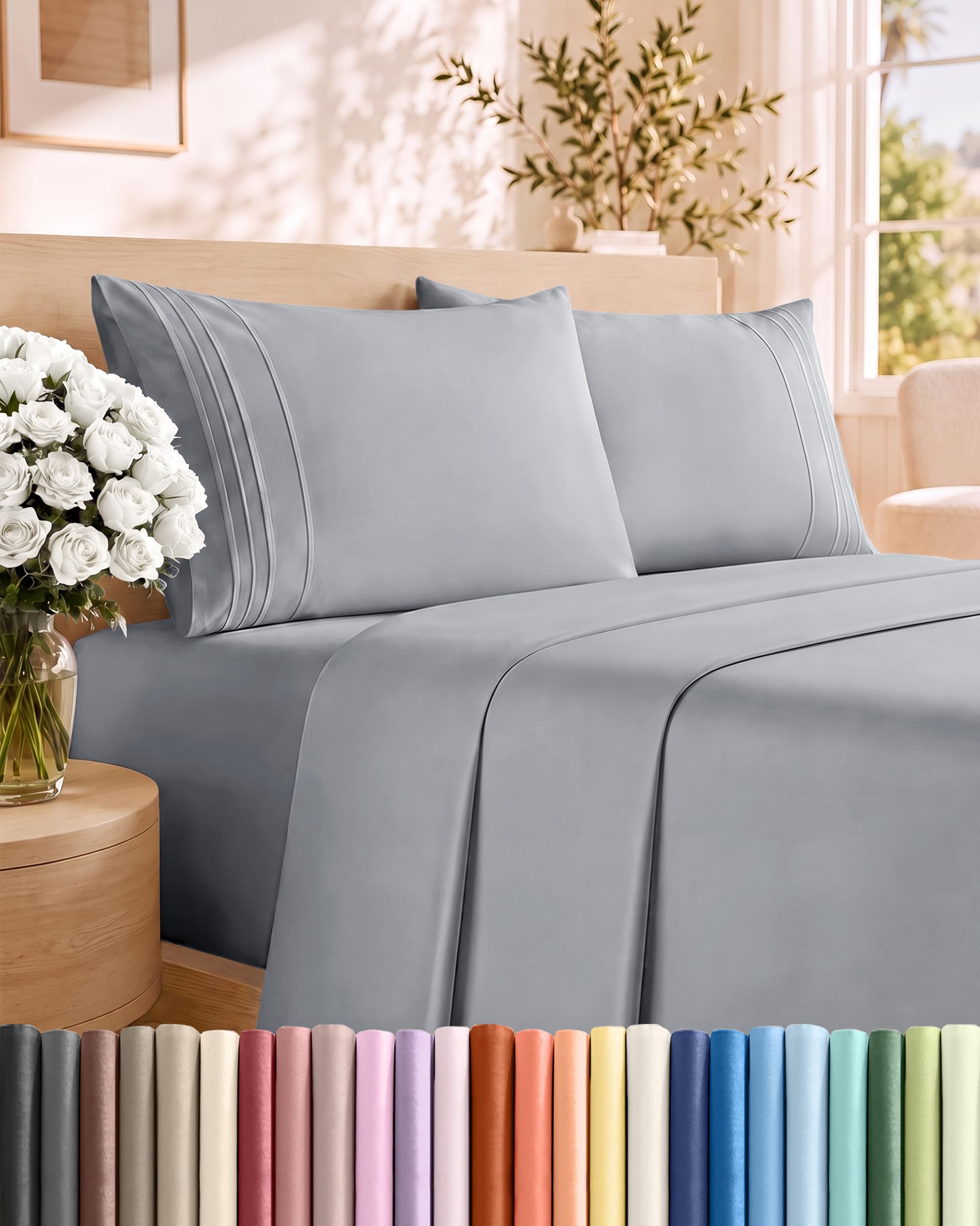 Queen Size 4 Piece Sheet Set - Breathable &amp; Cooling Sheets - Steel Blue