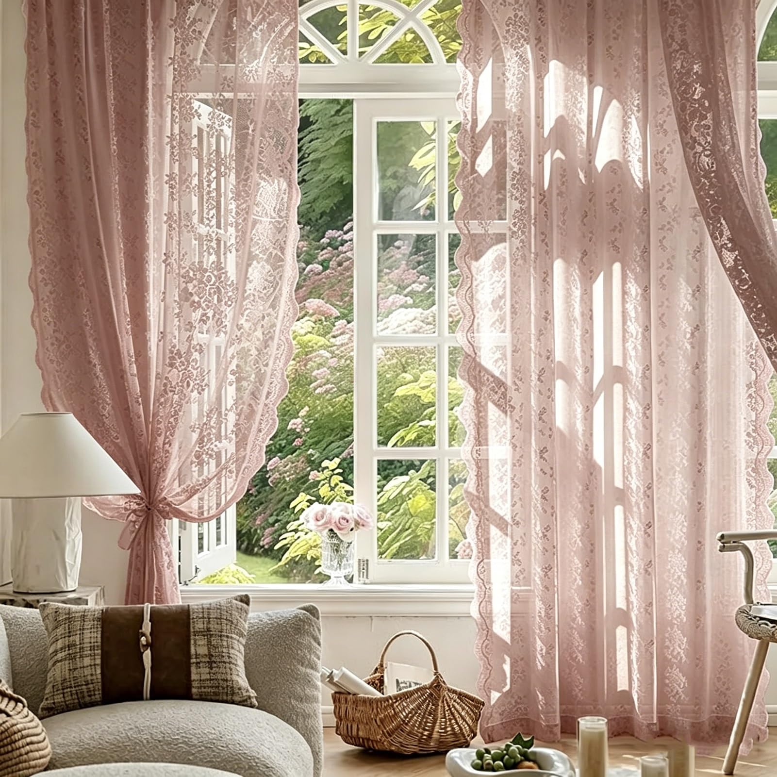 Lot de 1 Rideaux en Dentelle, Rideaux en Voile de Fenêtre À Fleurs Shabby Chic Filtrant la Lumière Passe-Tringle pour Salon Balcon Chambre(W280xH215cm/110x84inch)