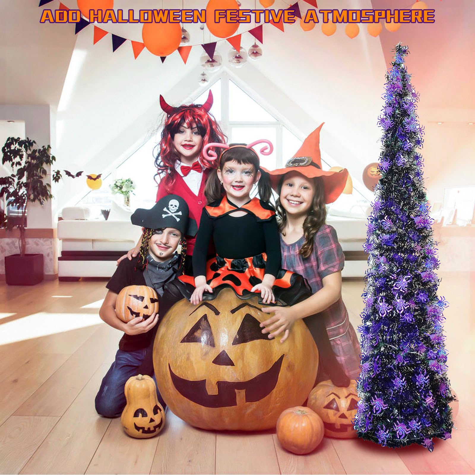 Black Halloween Spider Tree with 50 LED Color Lights,5ft Pop Up Artificial Tinsel Collapsible Pencil Trees for Decorations Indoor Home Door Porch Bedroom Decor Holiday Party,WOKEISE