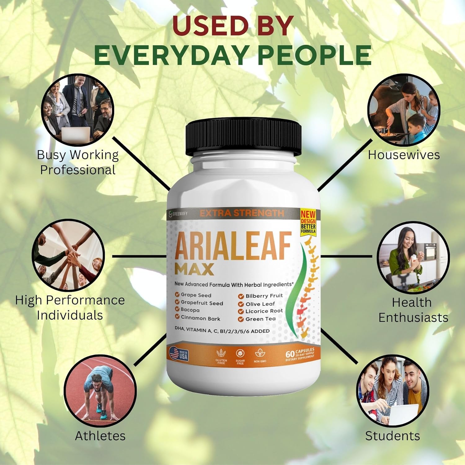 Aria Leaf Max Extra Strength Nootropic Supplement, 60 Capsules, with Grape Seed, Bacopa, Green Tea, DHA, Vitamins (1)