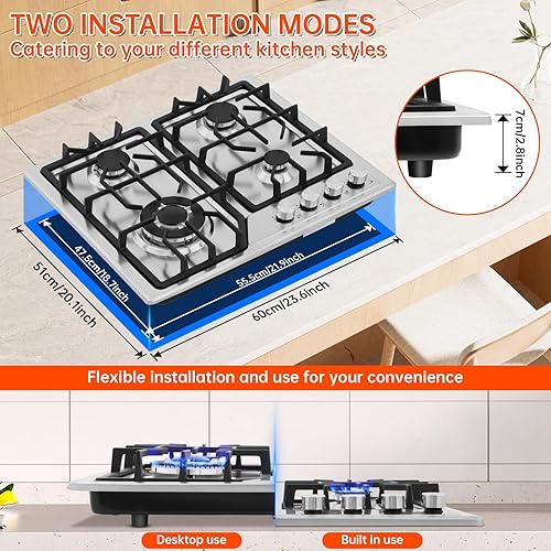 Miniatura 7 de Placa de cocina de gas integrada de 22"x20" con 4 quemadores, estufa de acero inoxidable con kit de conversión NG/LPG, protección de termopar y
