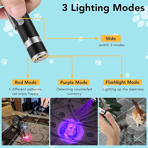 Miniatura 4 de Puntero de juguete para gatos, 2 piezas, recargable por USB con 7 patrones ajustables, juguetes interactivos de persecución para gatos y perros de